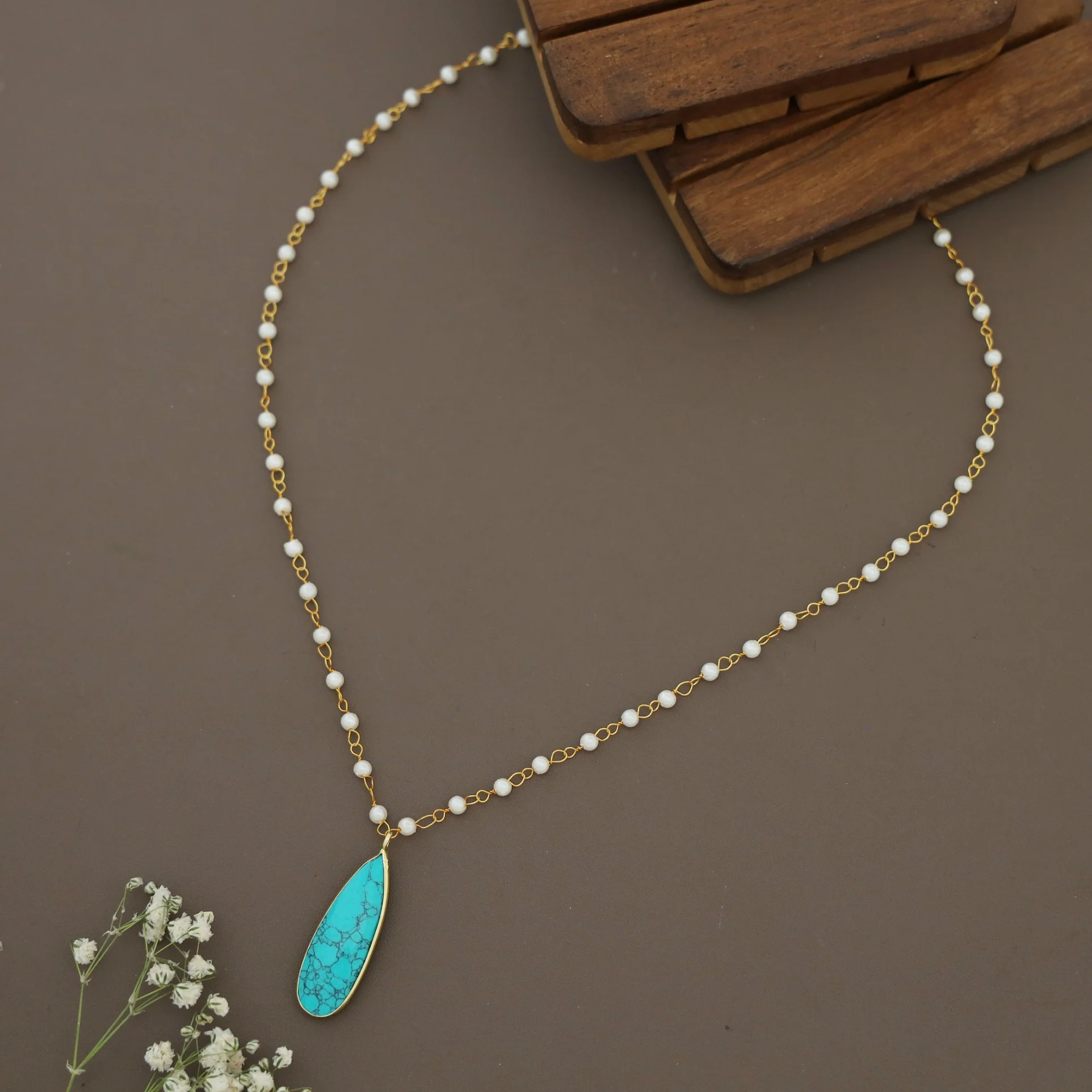 Tiana Carly Pearl Long Drop Glossy Stone Neckpiece - Image 8