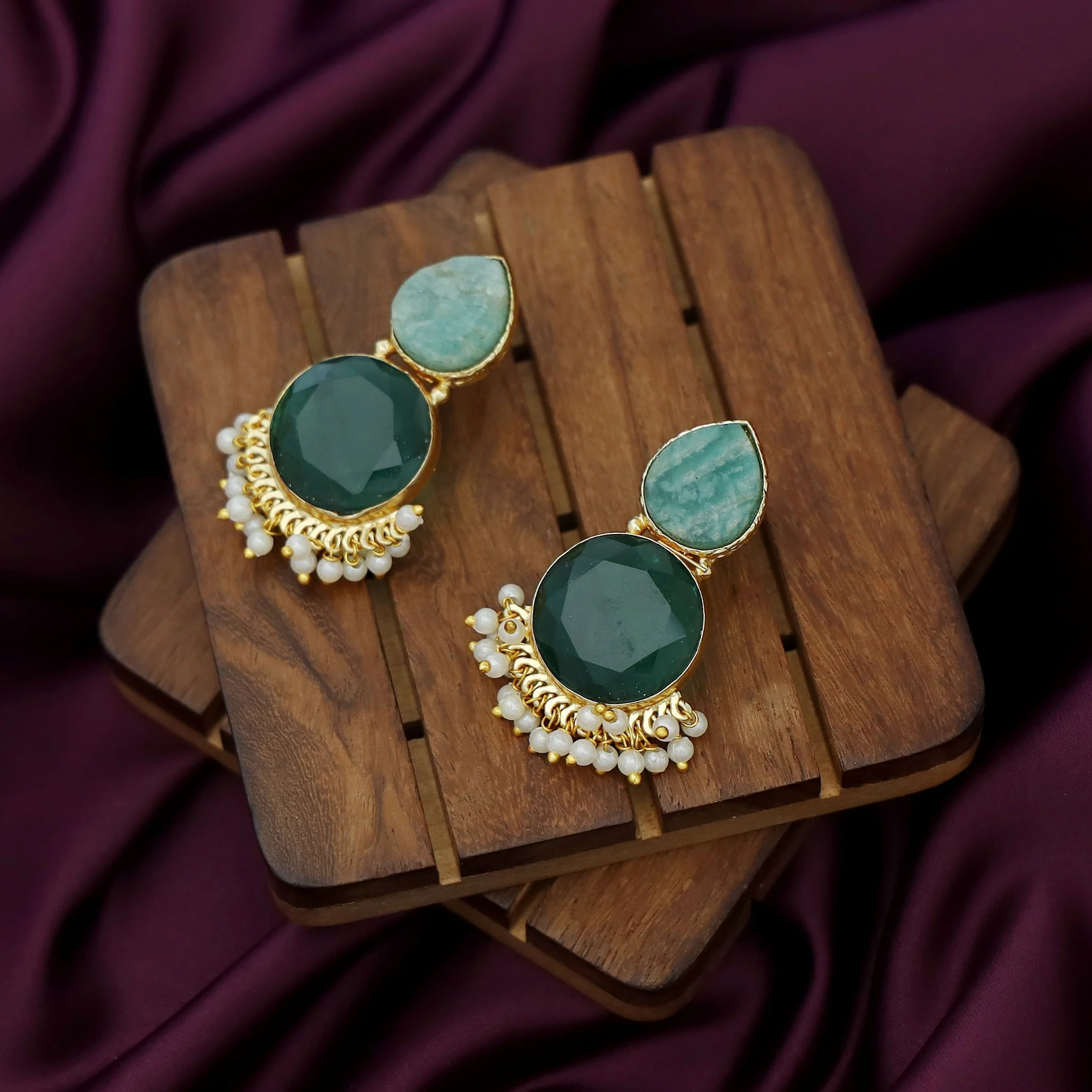 Tilak Drop Circle Raw + Glossy Stone Cluster Pearl Earring - Image 10