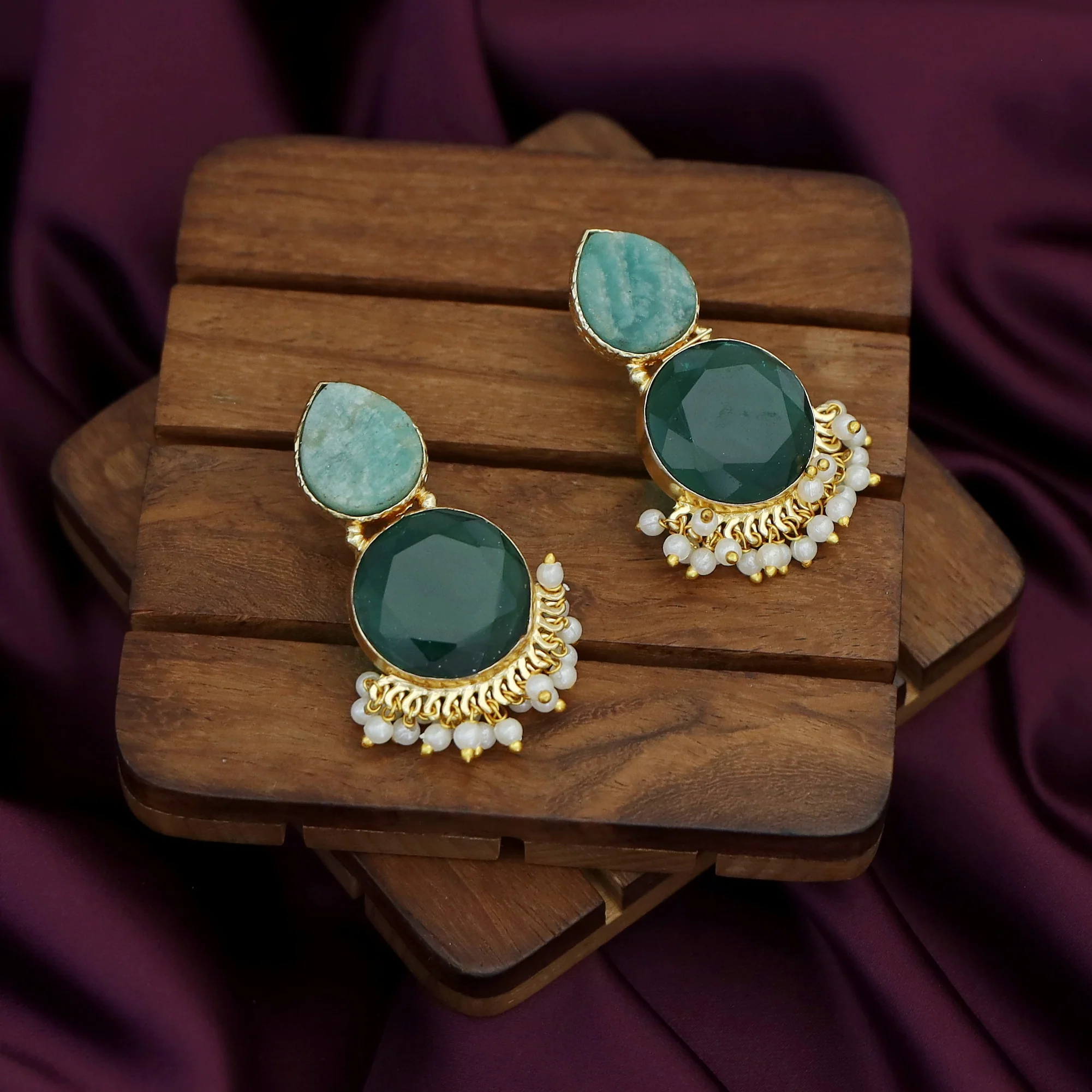 Tilak Drop Circle Raw + Glossy Stone Cluster Pearl Earring - Image 11