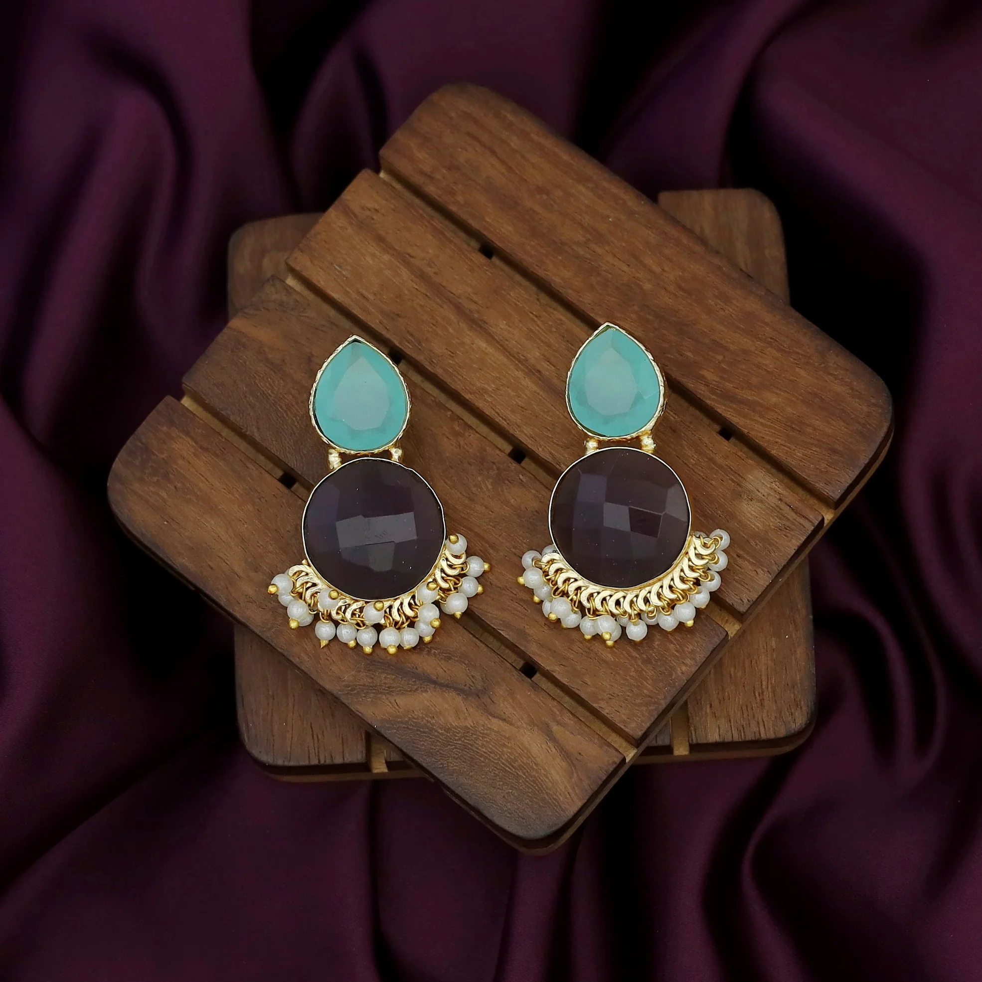 Tilak Drop Circle Raw + Glossy Stone Cluster Pearl Earring - Image 2