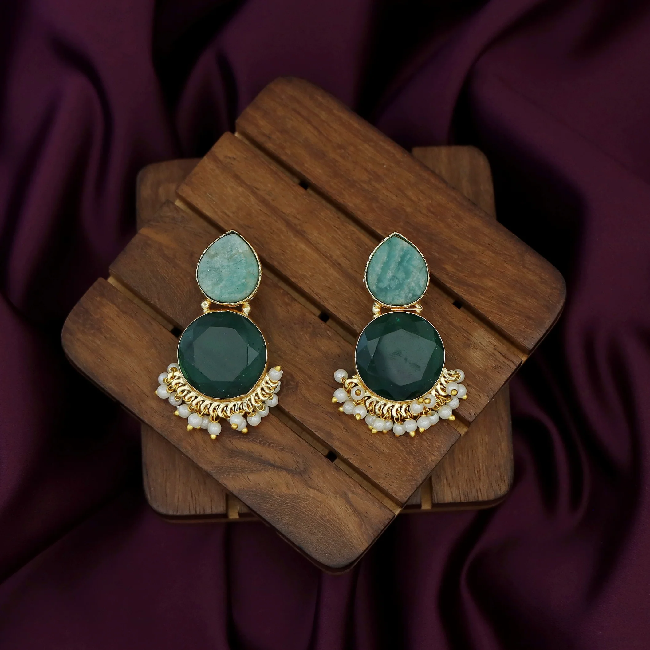 Tilak Drop Circle Raw + Glossy Stone Cluster Pearl Earring - Image 3