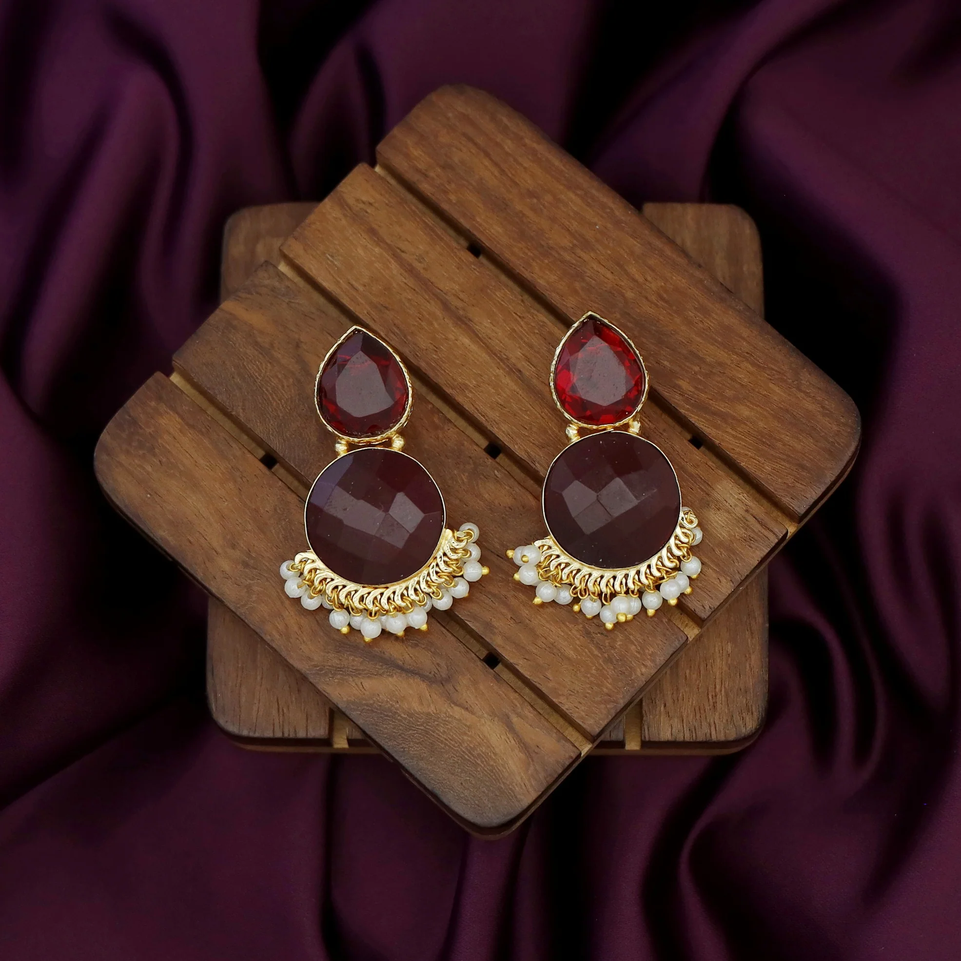 Tilak Drop Circle Raw + Glossy Stone Cluster Pearl Earring - Image 4