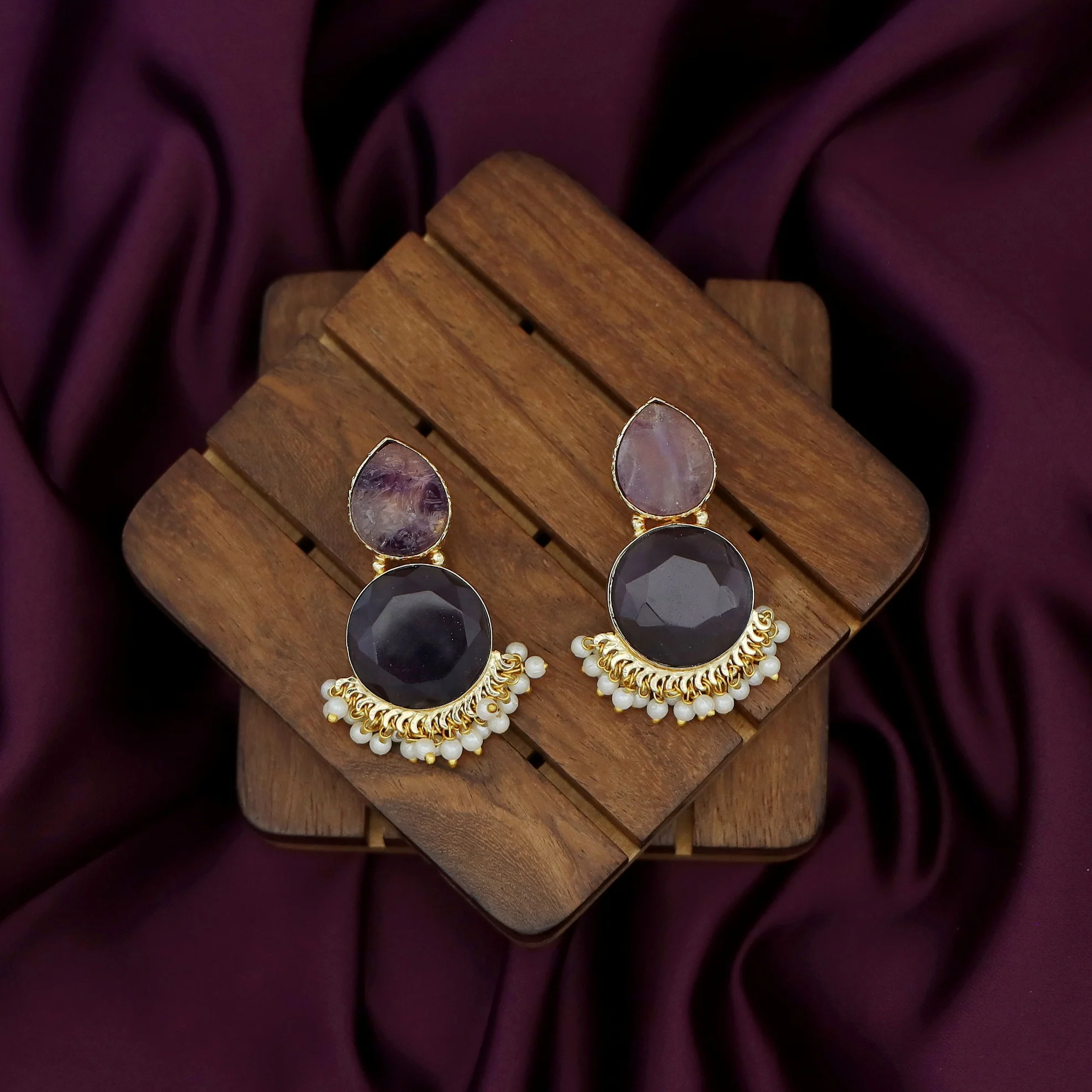 Tilak Drop Circle Raw + Glossy Stone Cluster Pearl Earring - Image 5