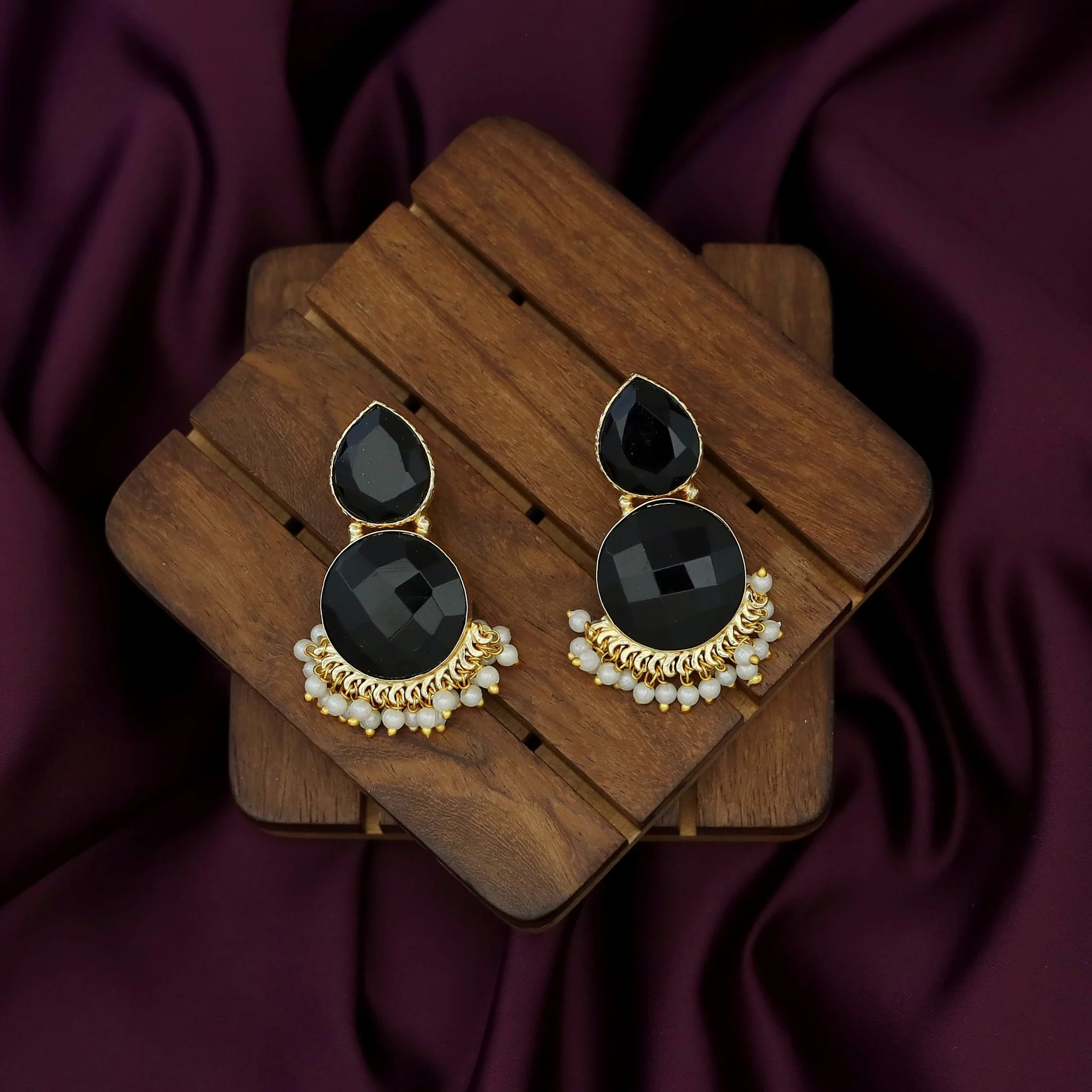 Tilak Drop Circle Raw + Glossy Stone Cluster Pearl Earring - Image 6