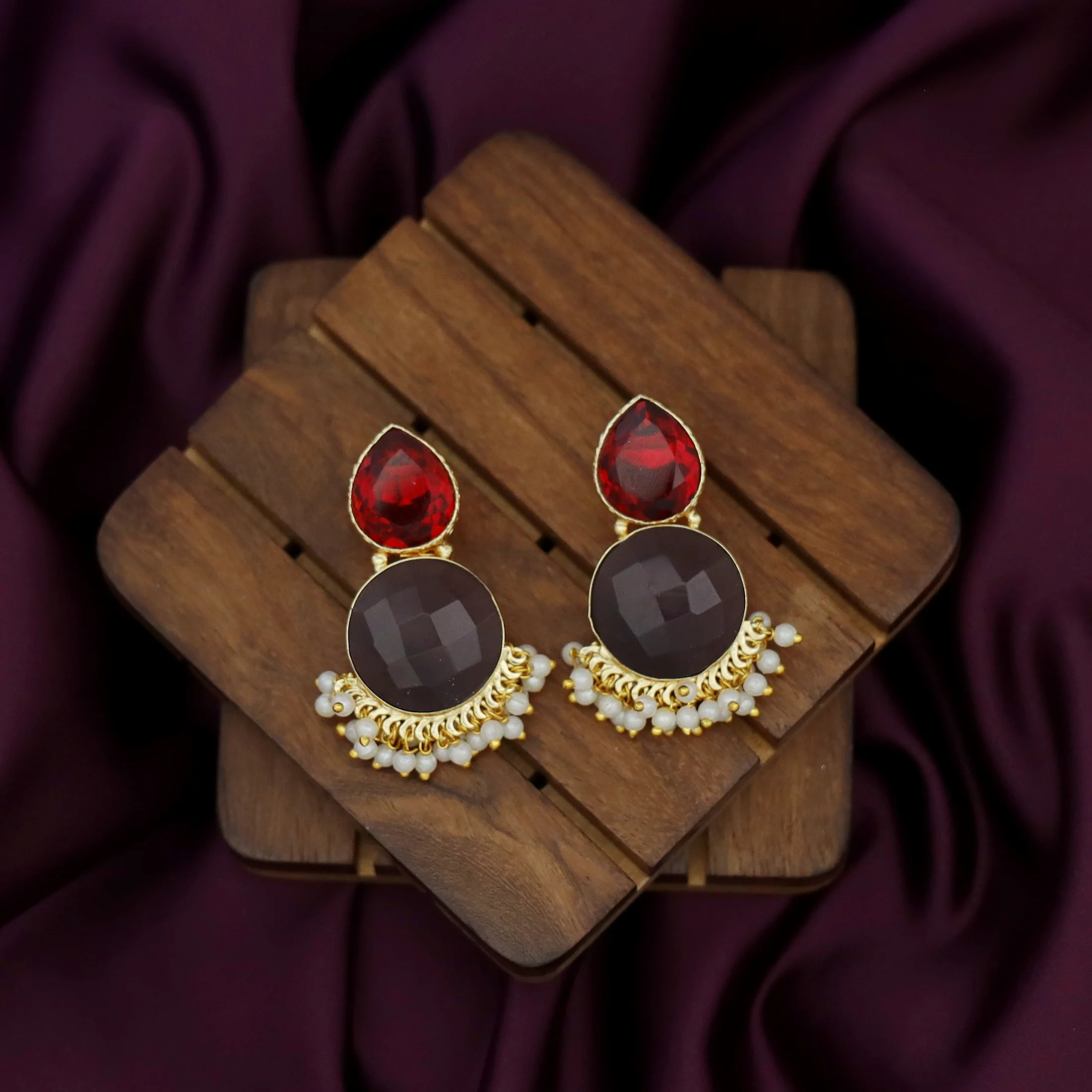 Tilak Drop Circle Raw + Glossy Stone Cluster Pearl Earring - Image 7