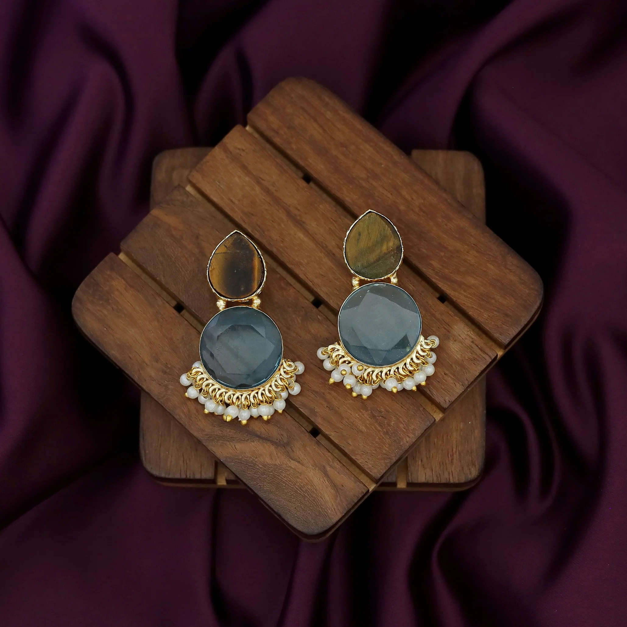 Tilak Drop Circle Raw + Glossy Stone Cluster Pearl Earring - Image 8