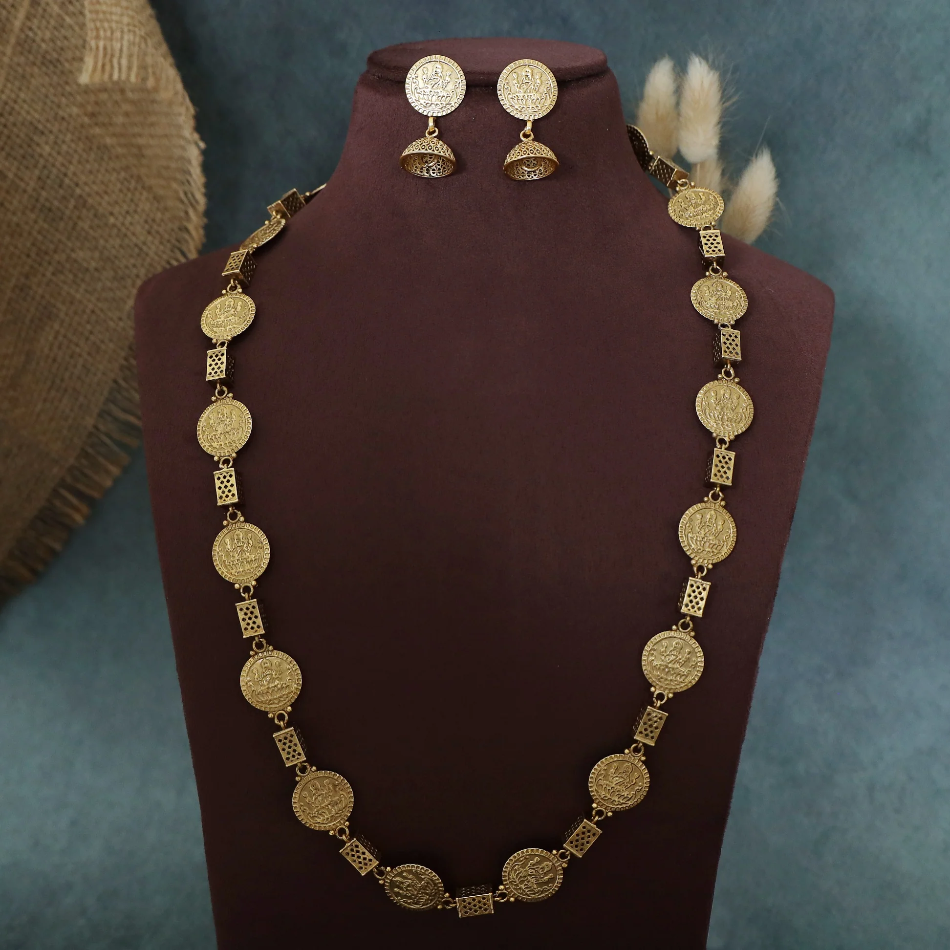 Tilaka Golden Devi Coin Long Neckpiece With Earring - Image 2
