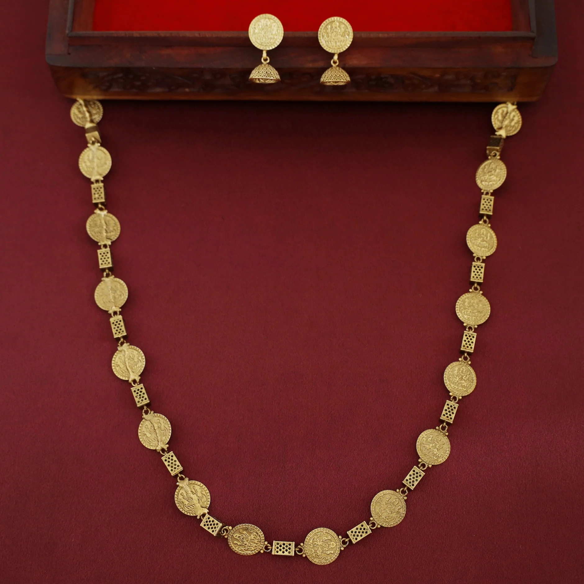 Tilaka Golden Devi Coin Long Neckpiece With Earring - Image 3