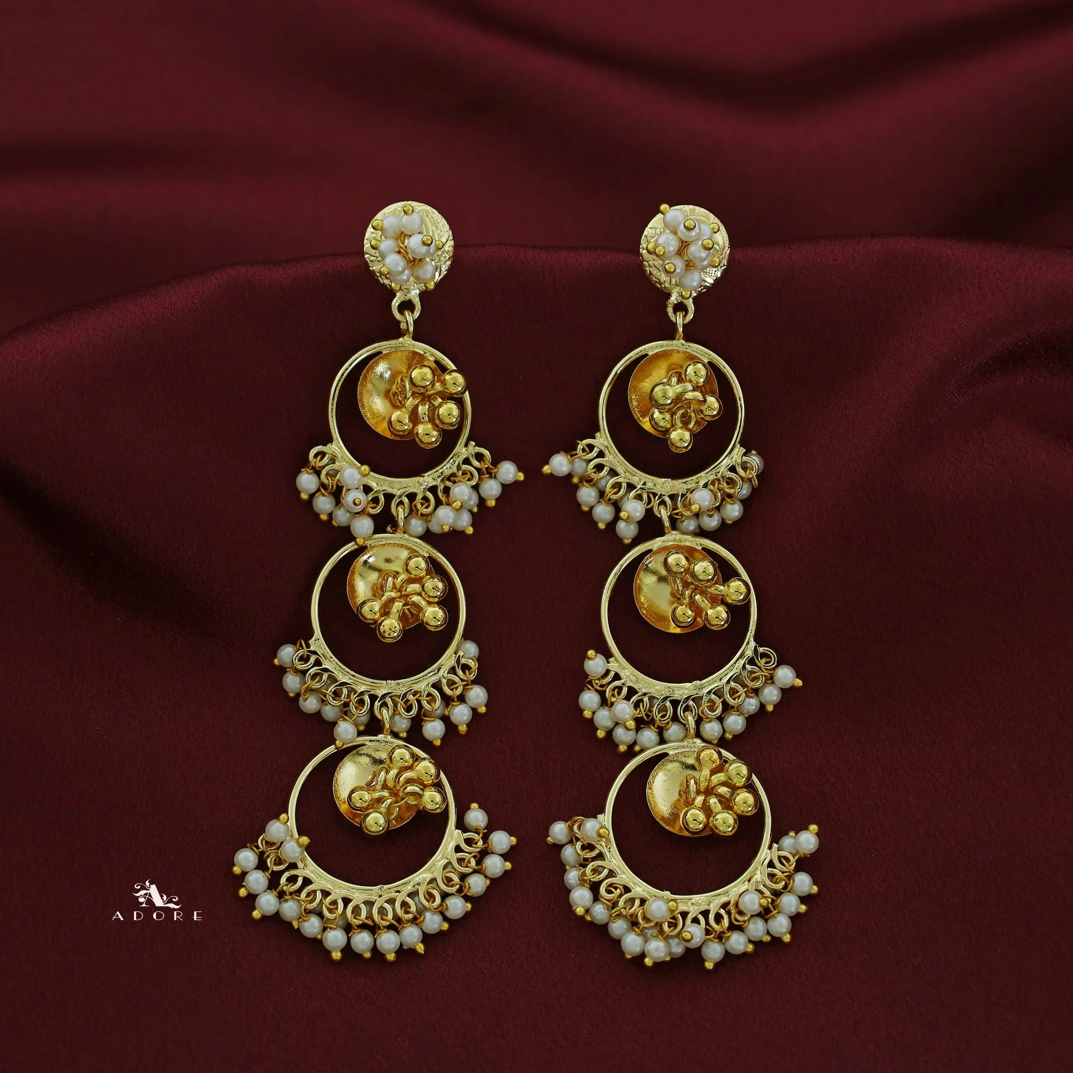 Tri Circle Ghungroo Pearl Hanging Earring - Image 2