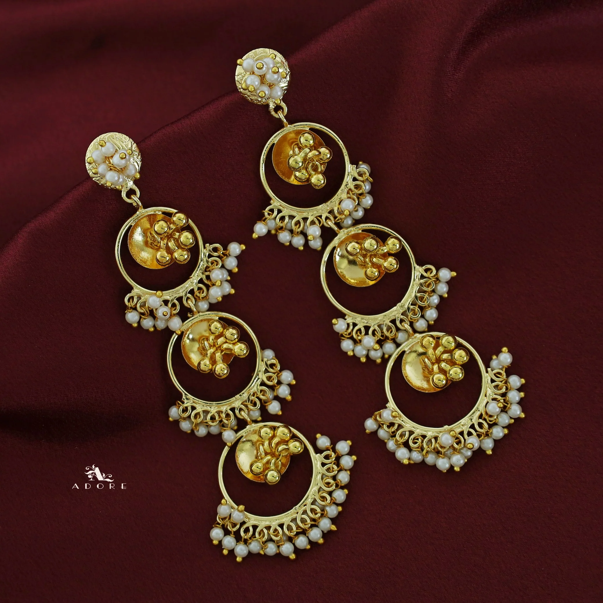 Tri Circle Ghungroo Pearl Hanging Earring - Image 3