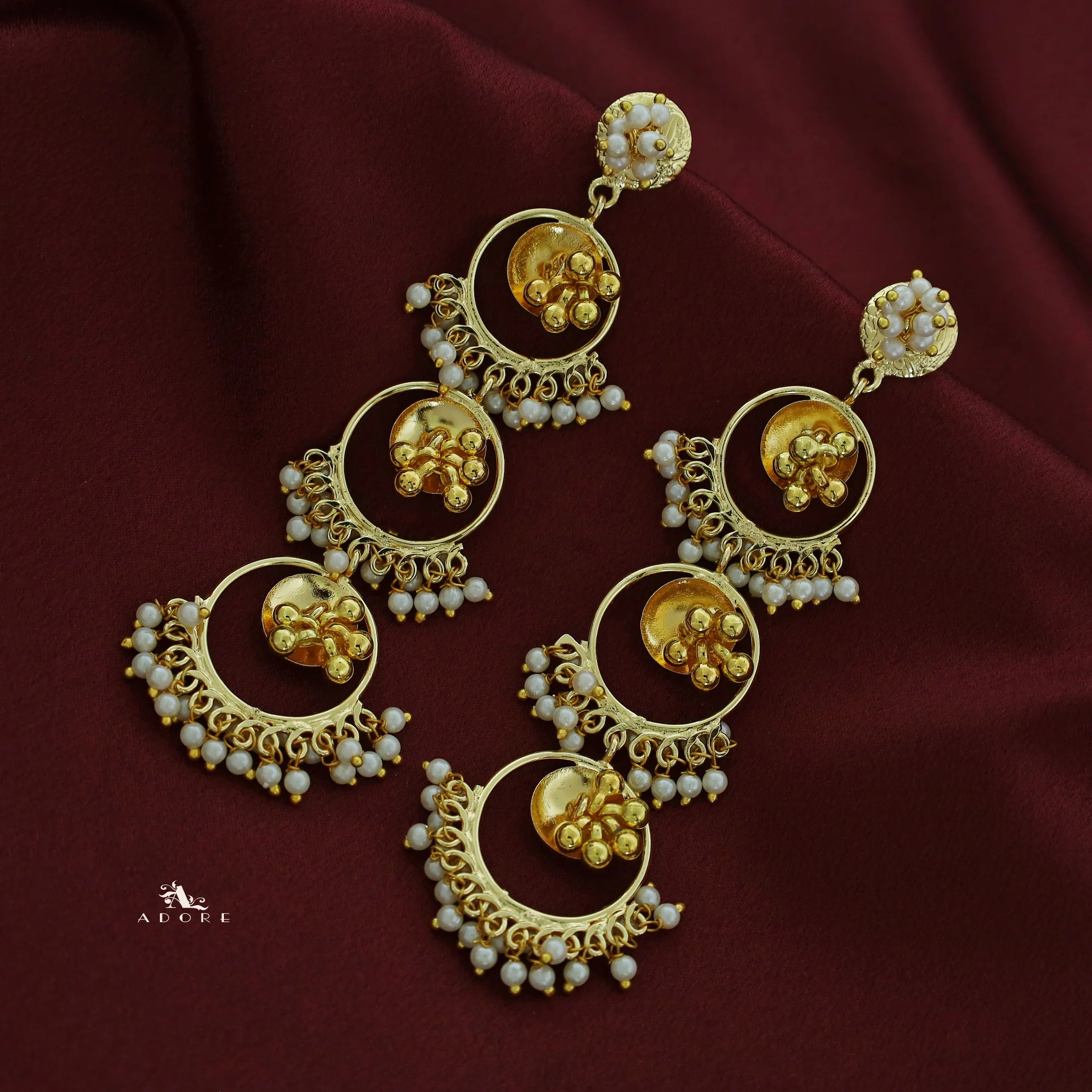 Tri Circle Ghungroo Pearl Hanging Earring - Image 4