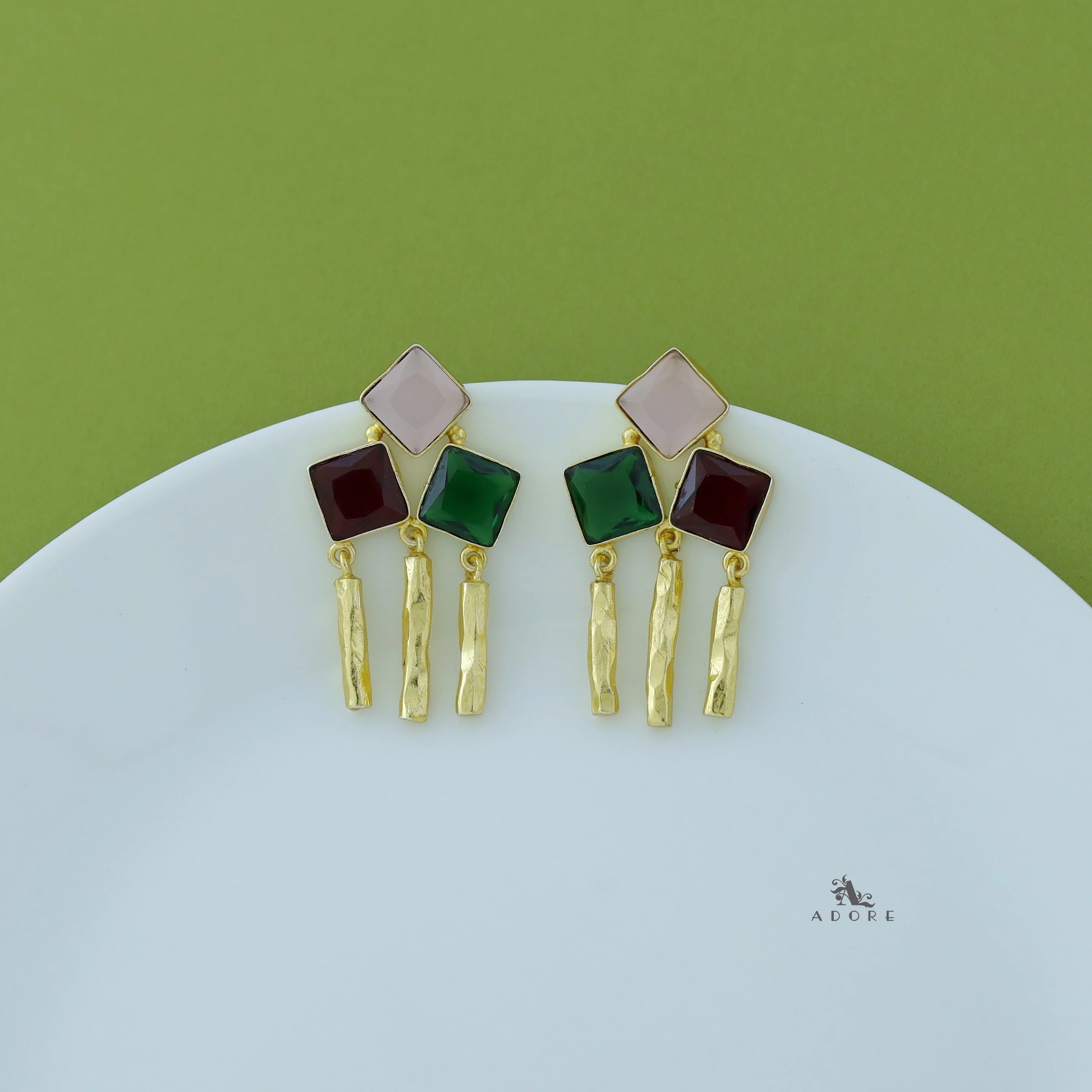 Tri Glossy Diamond Hammered Stick Earring - Image 2