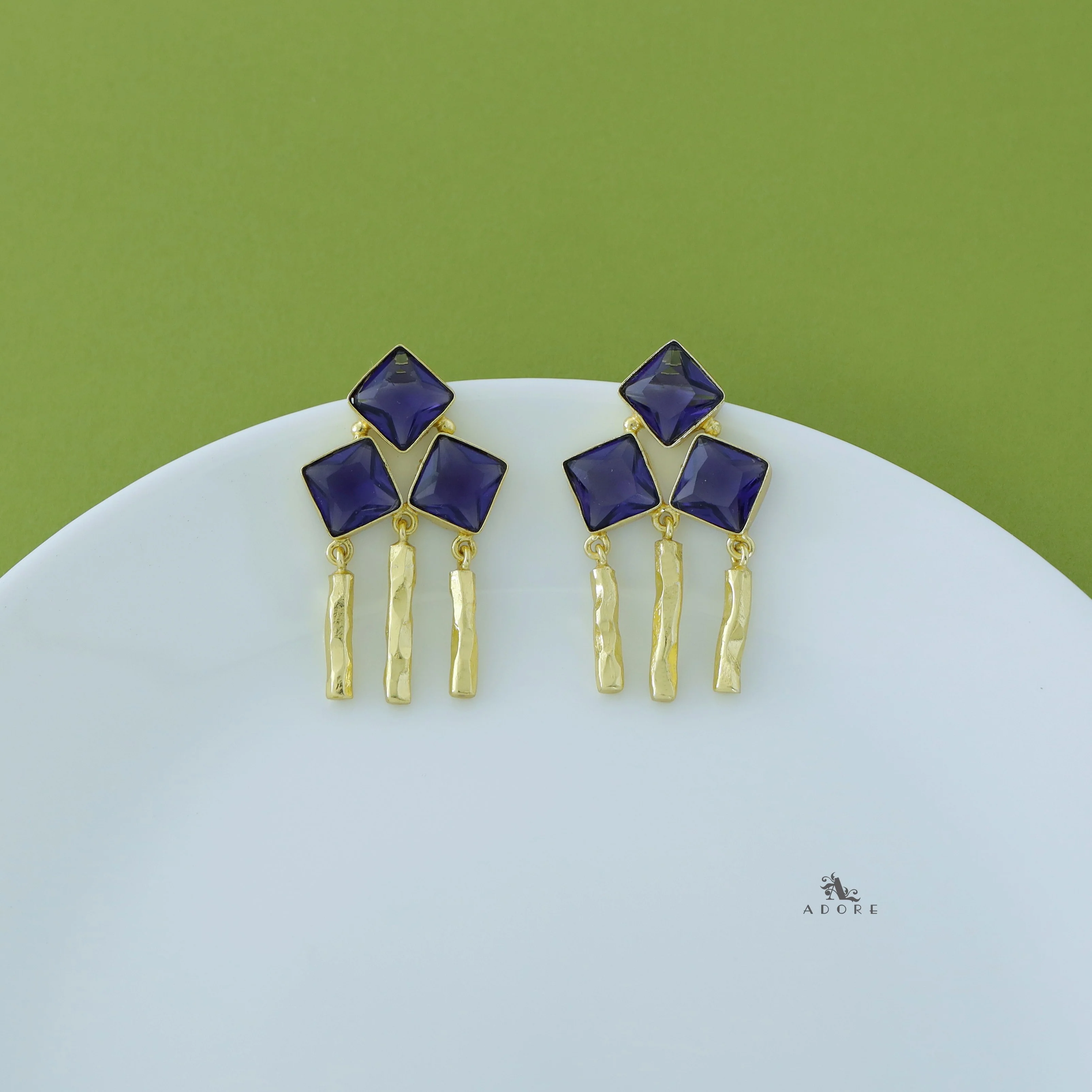 Tri Glossy Diamond Hammered Stick Earring - Image 3
