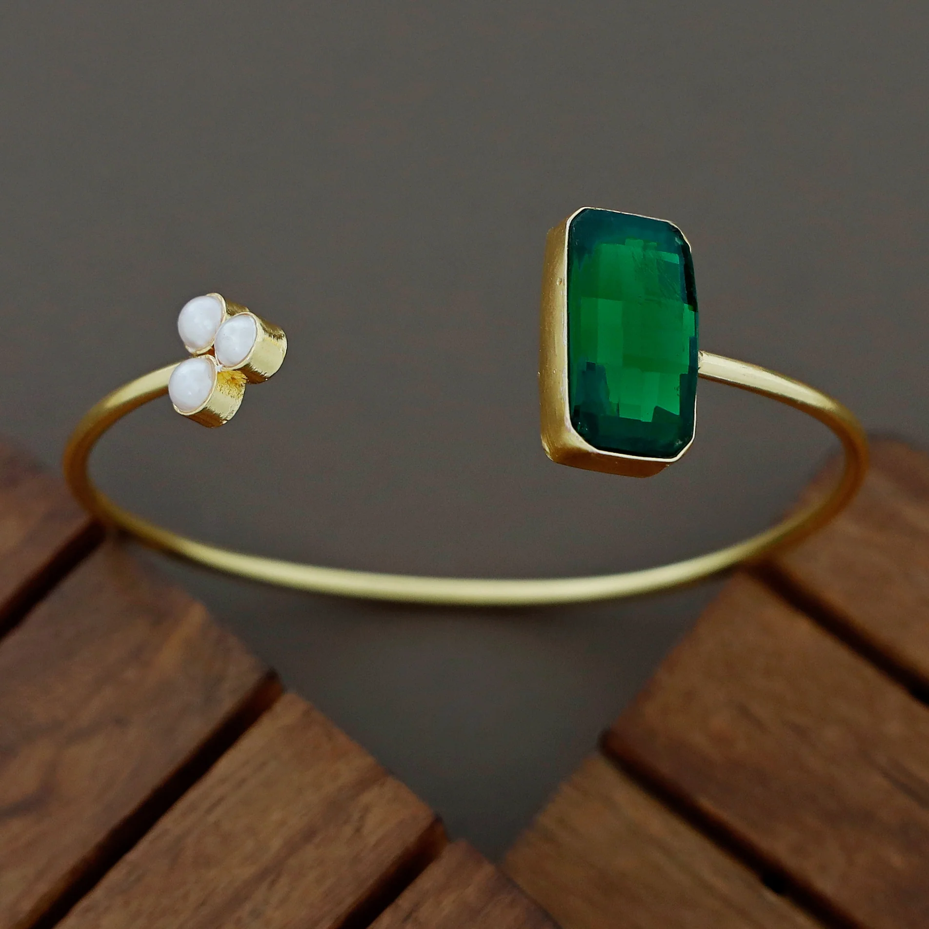 Tri Pearl Rectangle Magic Glossy Stone Bangle - Image 2