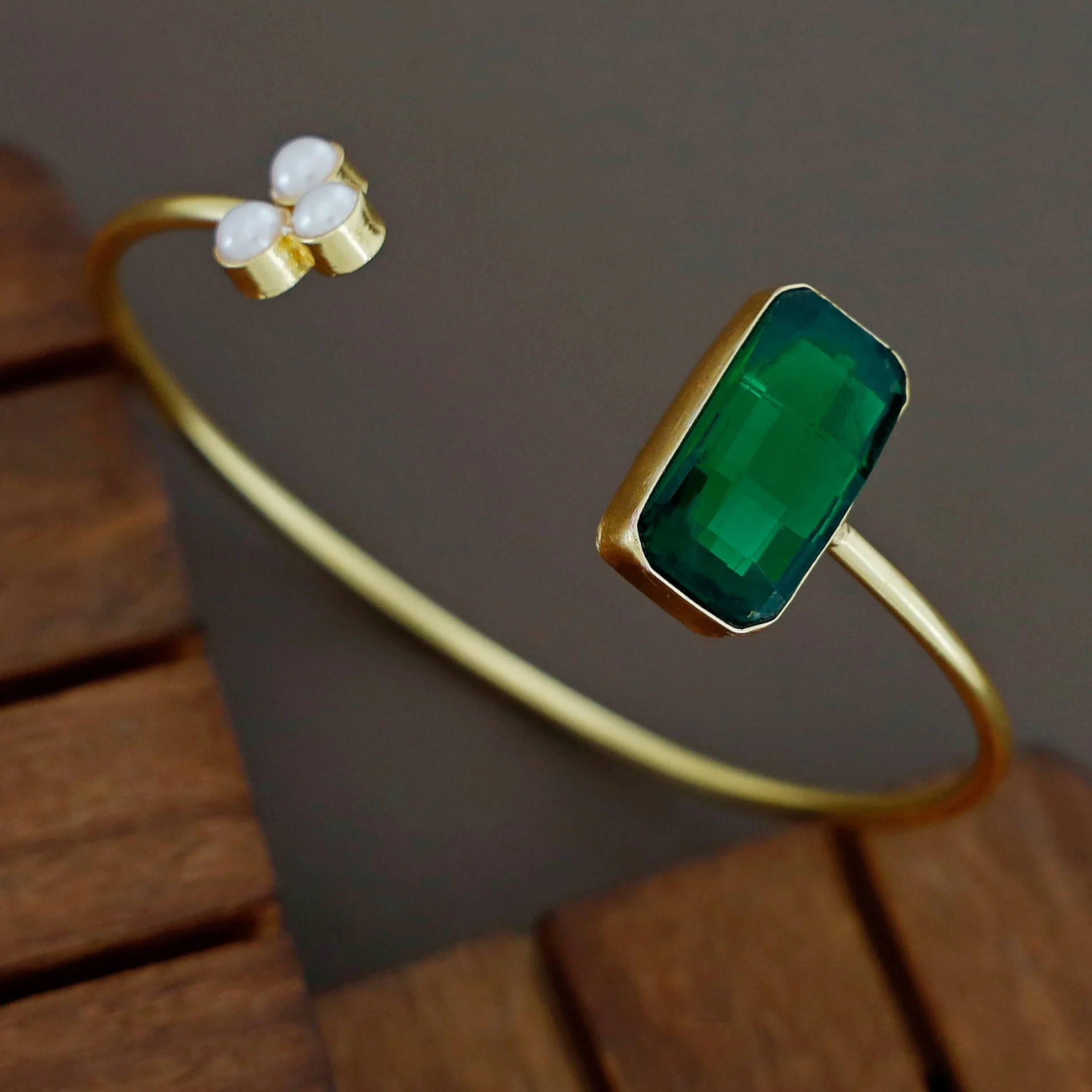 Tri Pearl Rectangle Magic Glossy Stone Bangle - Image 6