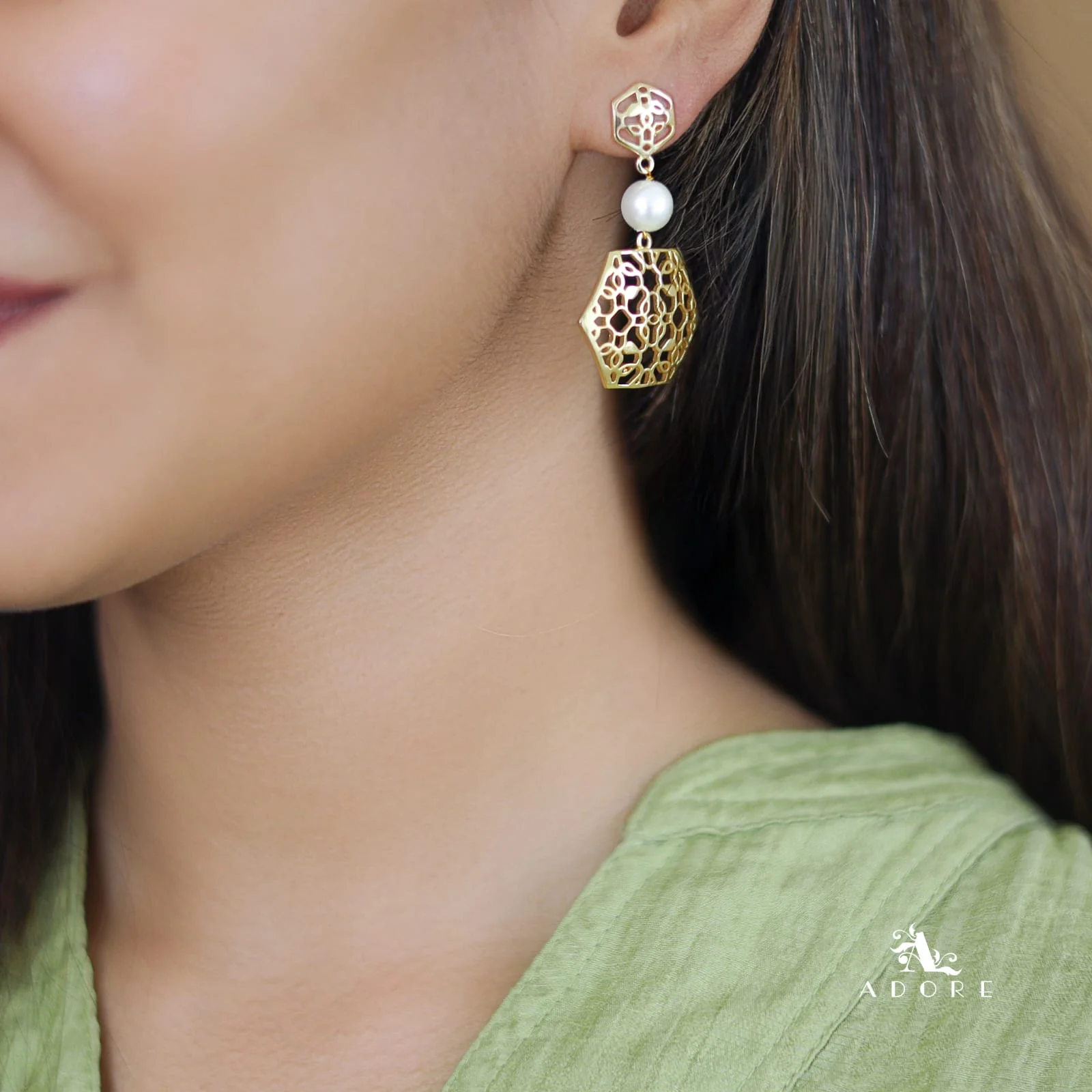 Golden Dual Hexagon Pearl Earring - Image 2