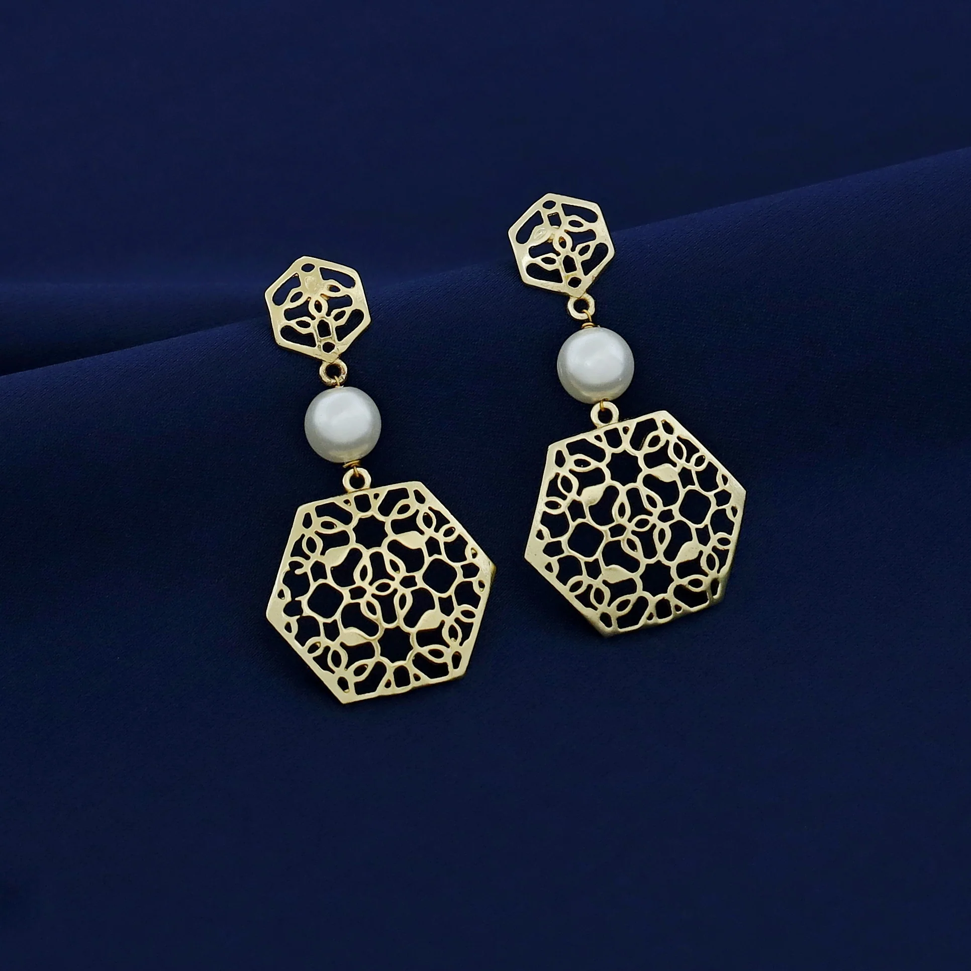 Golden Dual Hexagon Pearl Earring - Image 3