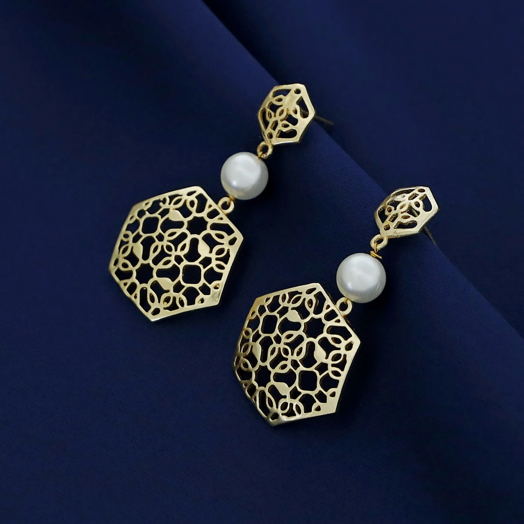 Golden Dual Hexagon Pearl Earring - Image 4