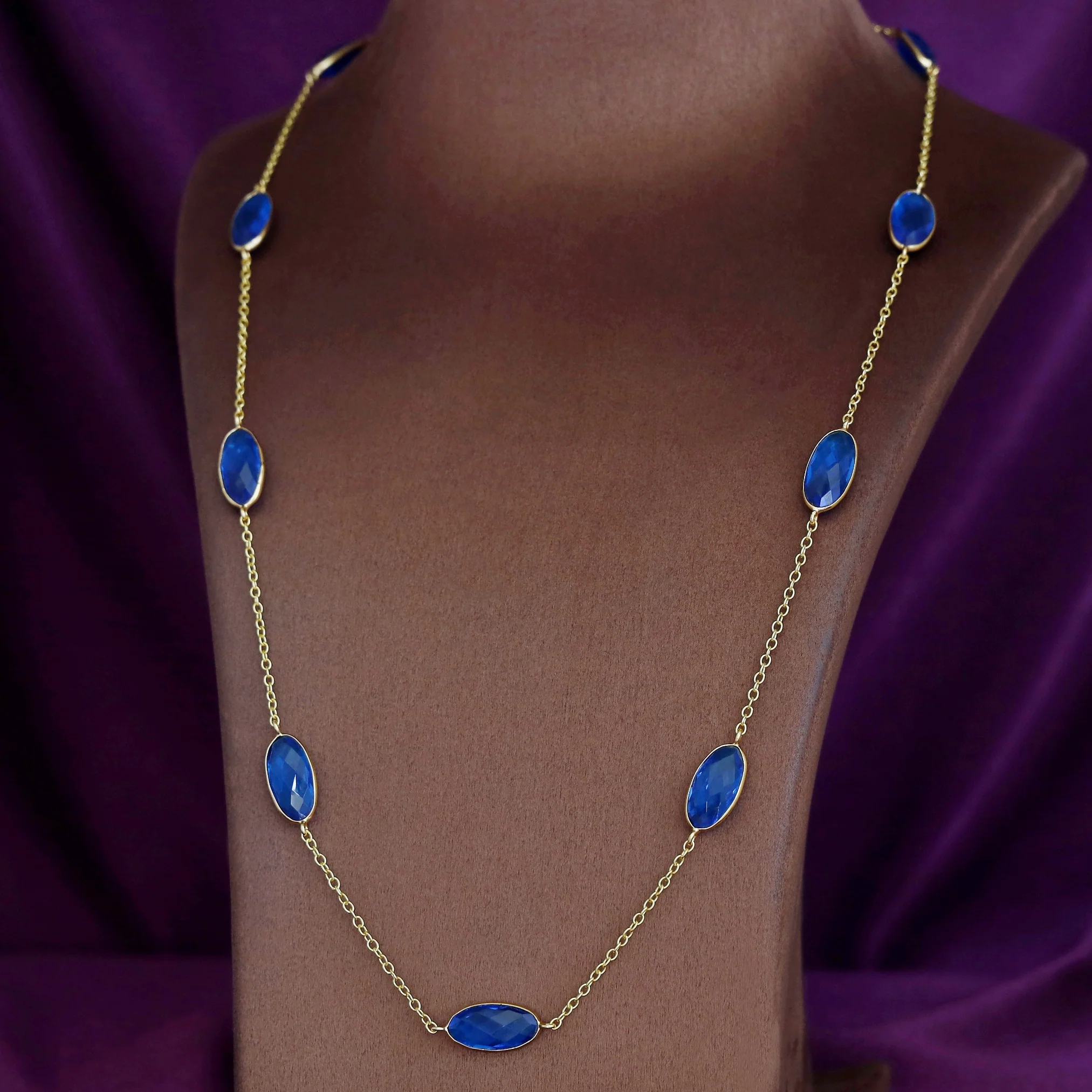 Ursula Golden Nine Oval Glossy Stone Long Neckpiece - Image 11