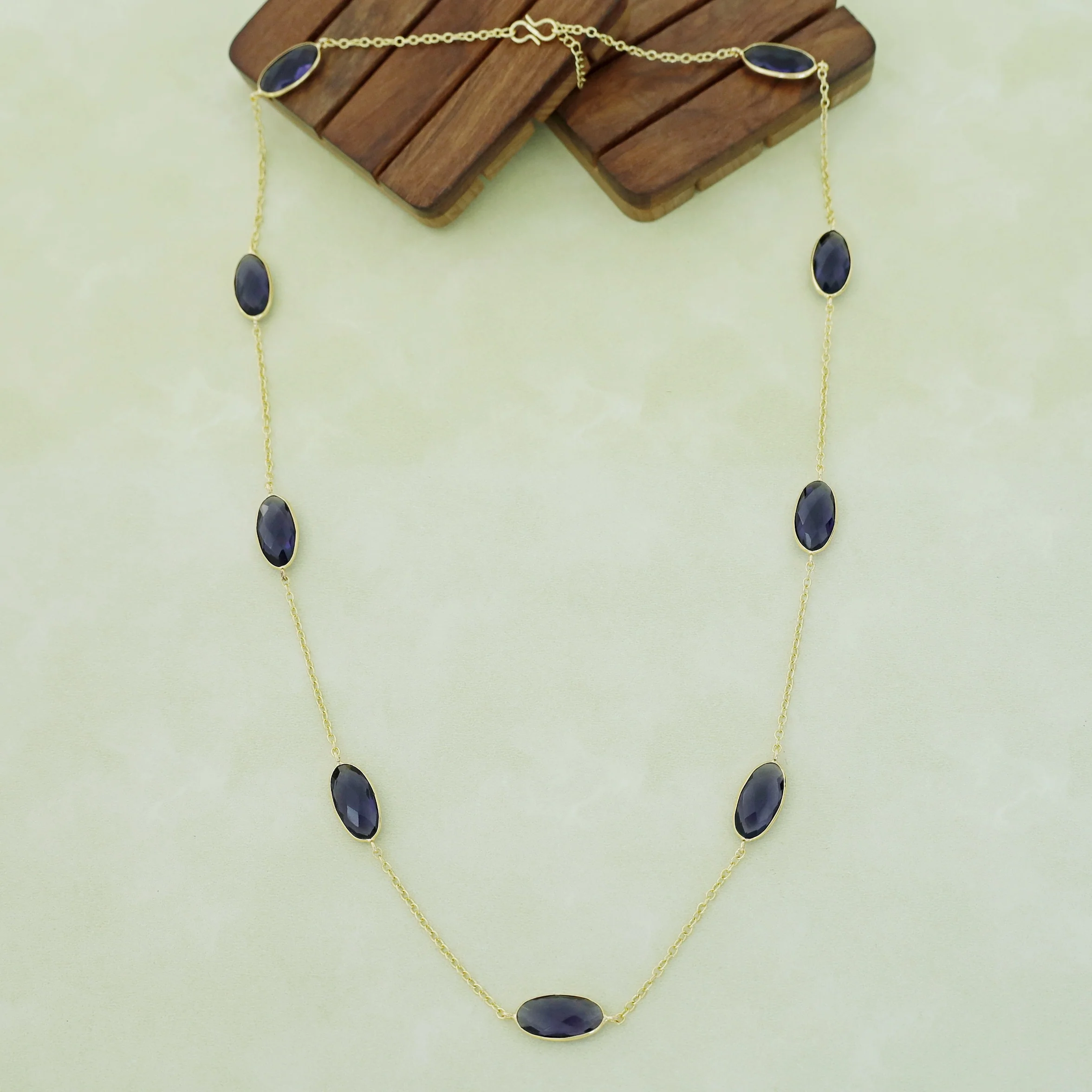 Ursula Golden Nine Oval Glossy Stone Long Neckpiece - Image 12