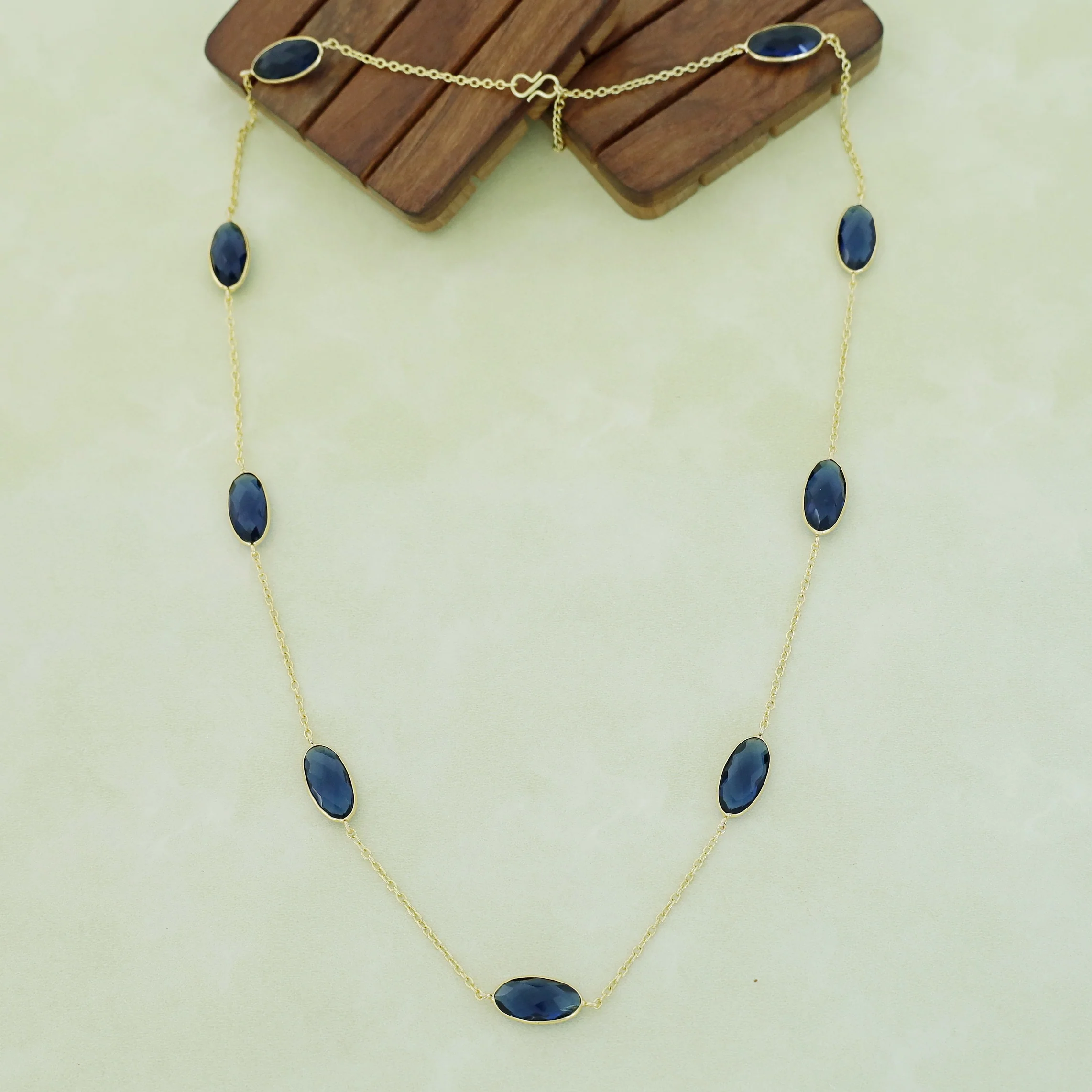 Ursula Golden Nine Oval Glossy Stone Long Neckpiece - Image 13