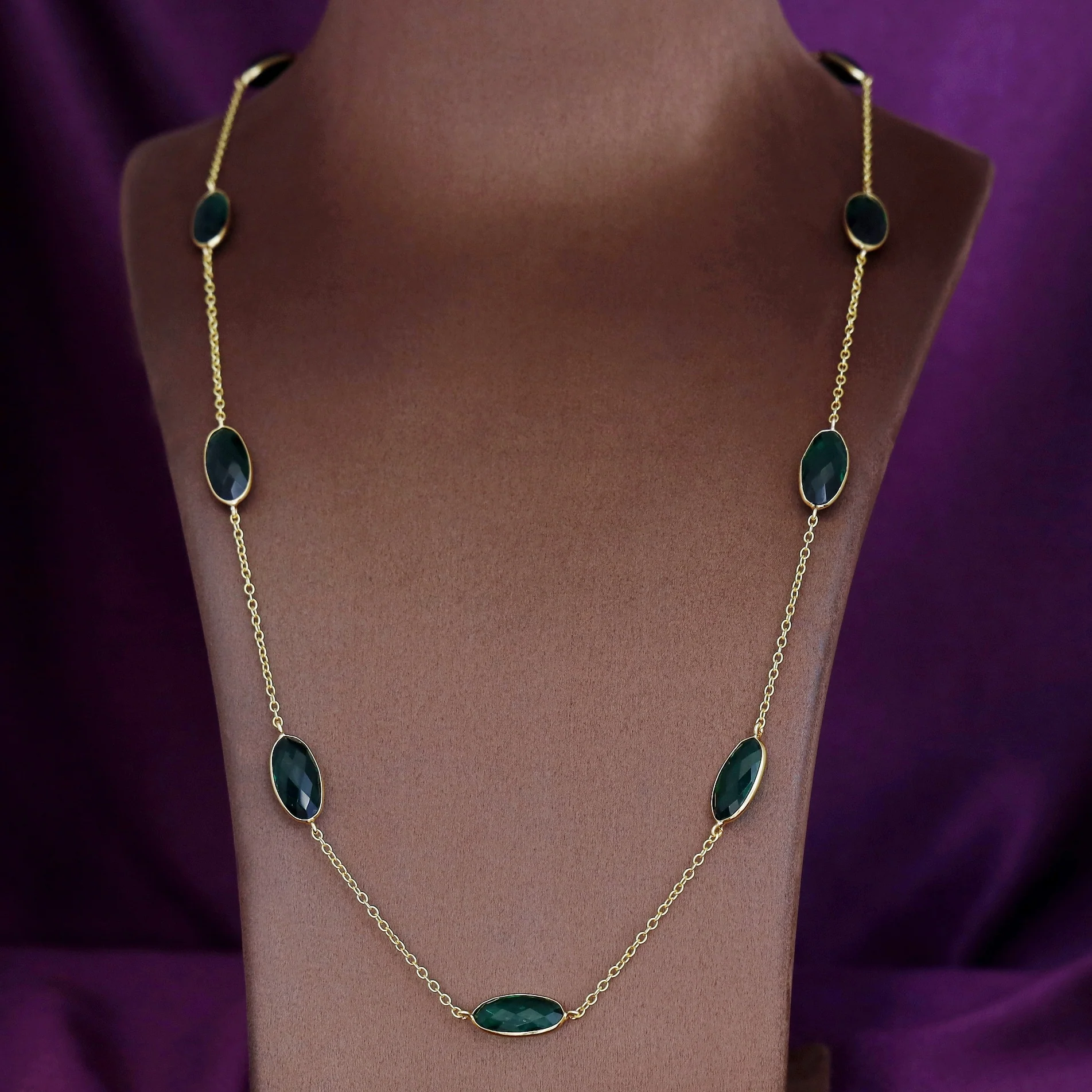 Ursula Golden Nine Oval Glossy Stone Long Neckpiece - Image 4