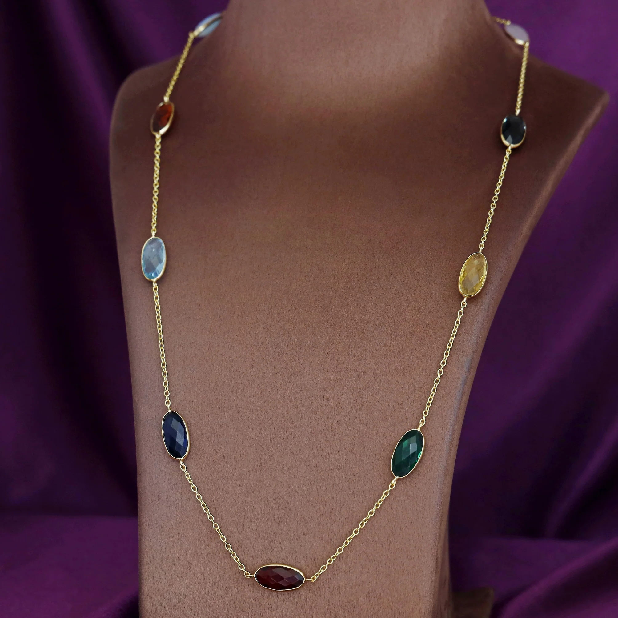 Ursula Golden Nine Oval Glossy Stone Long Neckpiece - Image 5