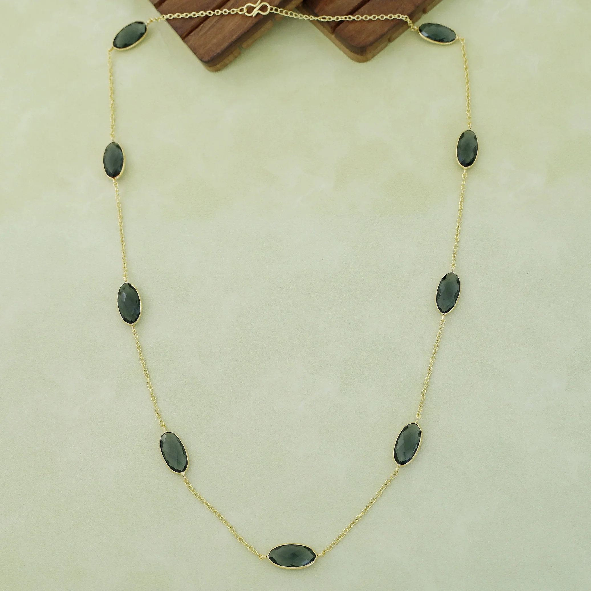Ursula Golden Nine Oval Glossy Stone Long Neckpiece - Image 6