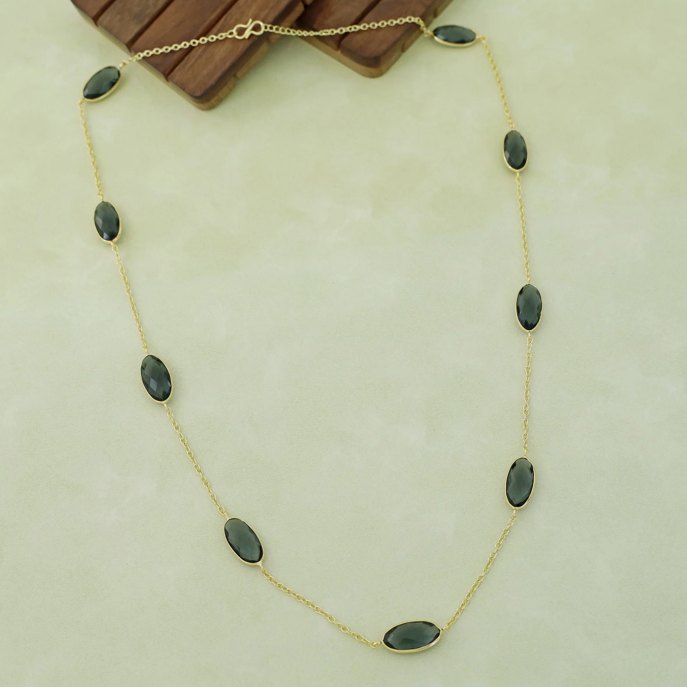 Ursula Golden Nine Oval Glossy Stone Long Neckpiece - Image 7