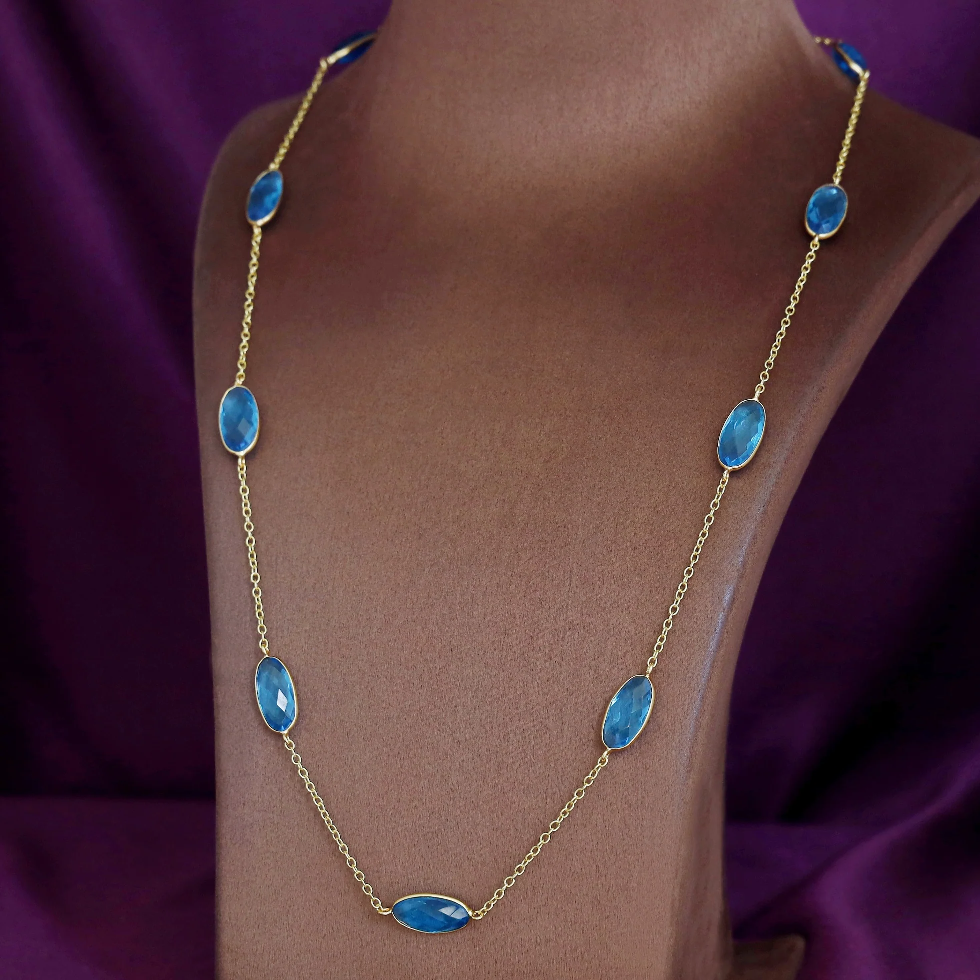 Ursula Golden Nine Oval Glossy Stone Long Neckpiece - Image 8