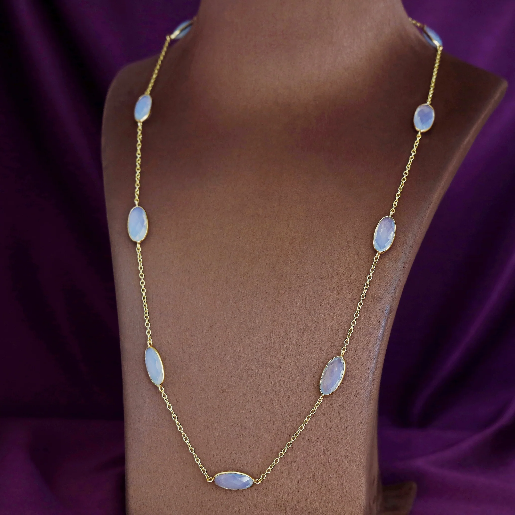 Ursula Golden Nine Oval Glossy Stone Long Neckpiece - Image 9