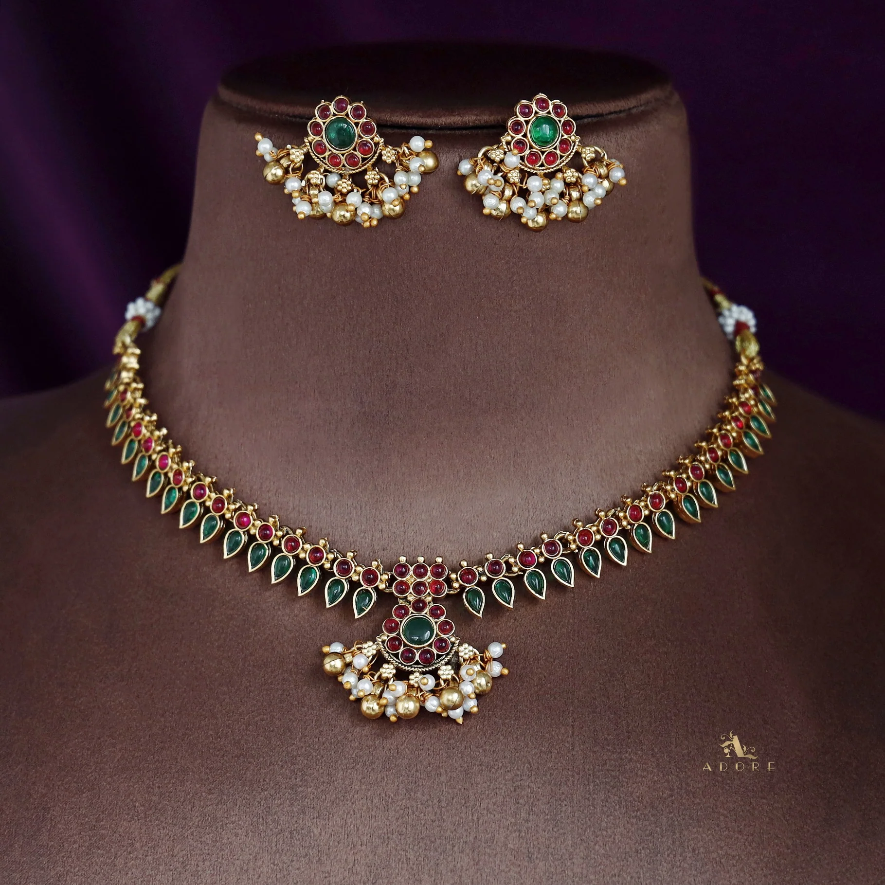Uttara Floral Palakka Short Neckpiece With Earring - Image 3