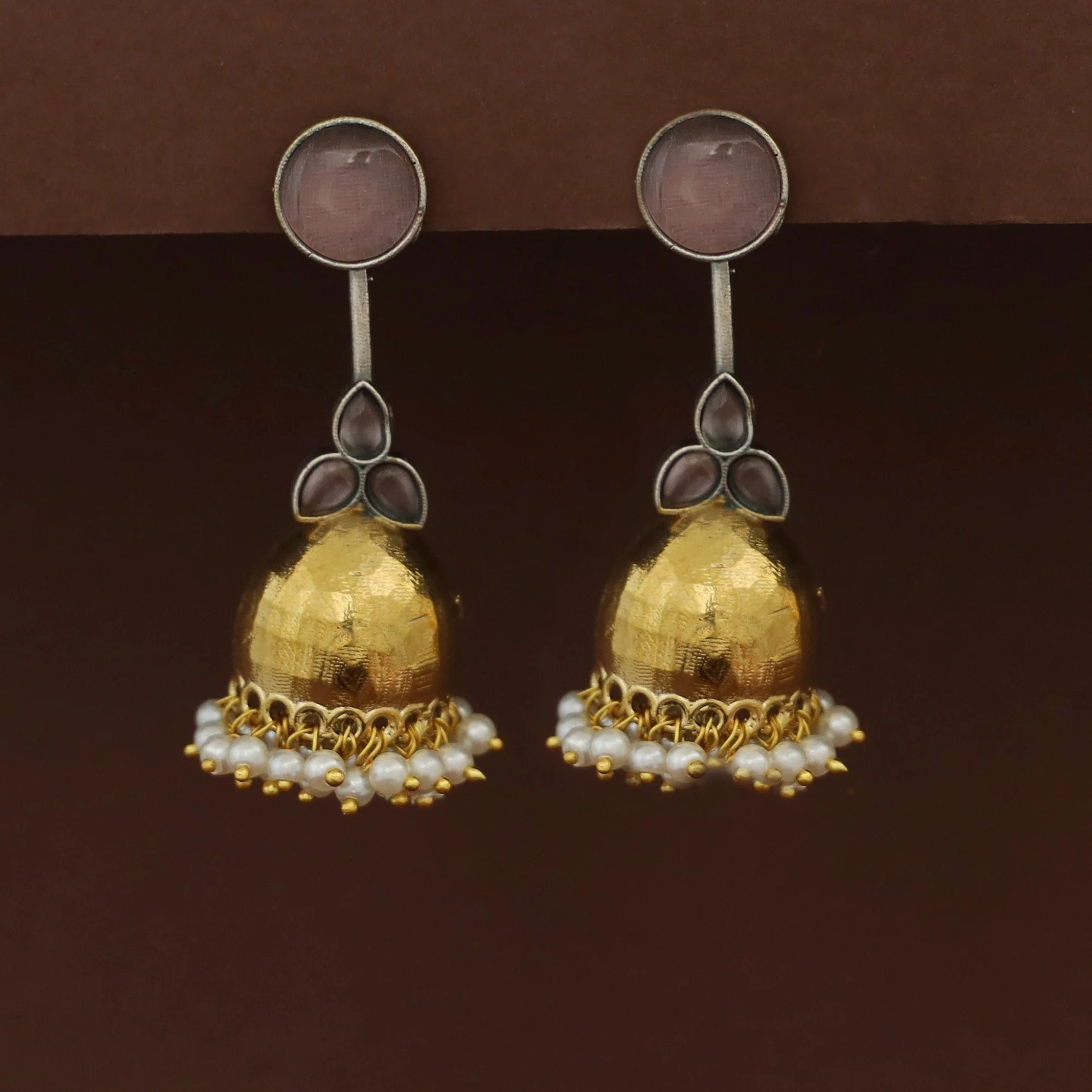 Vaida Dual Tone Circle Half Jhumka Cluster Pearl Earring - Image 2
