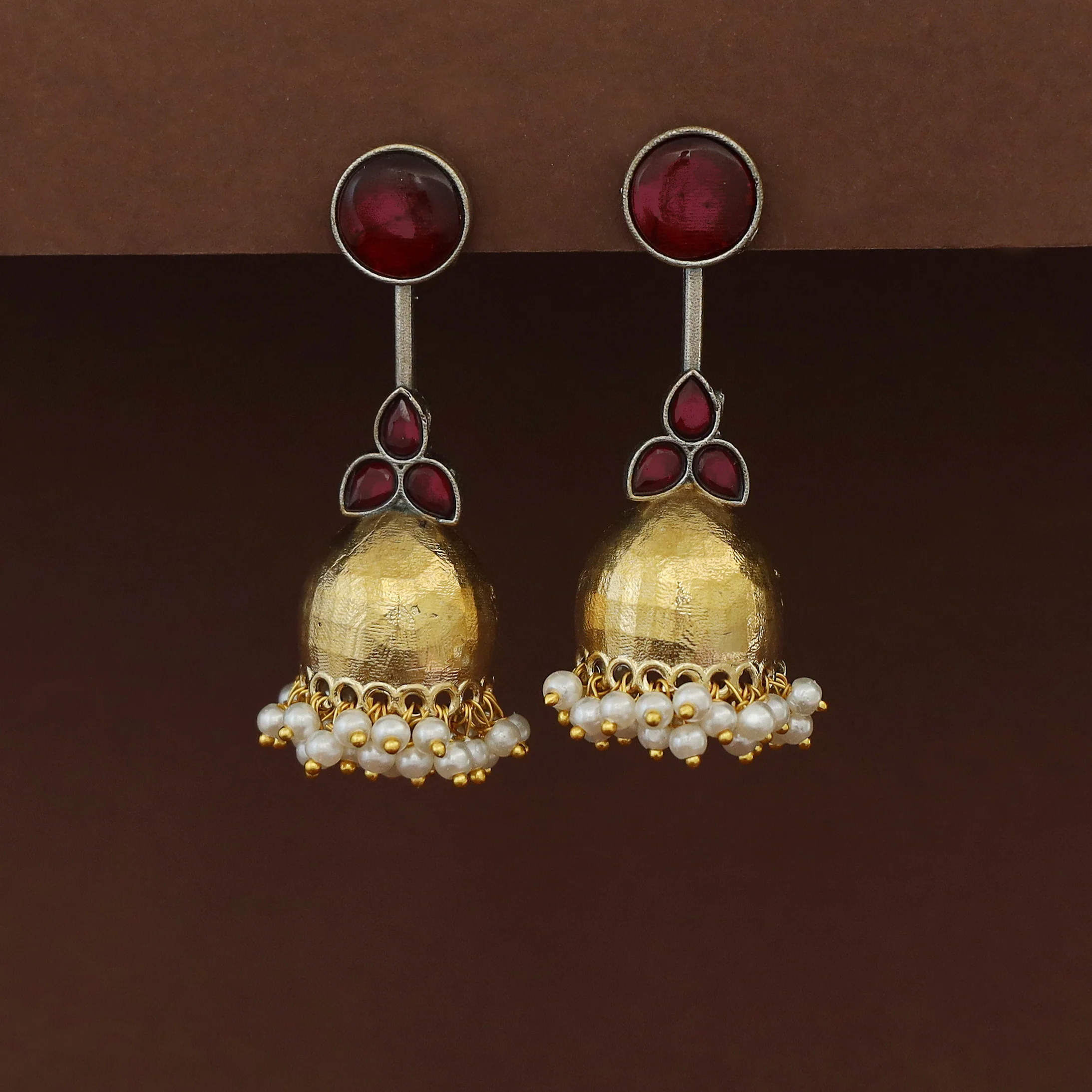 Vaida Dual Tone Circle Half Jhumka Cluster Pearl Earring - Image 3