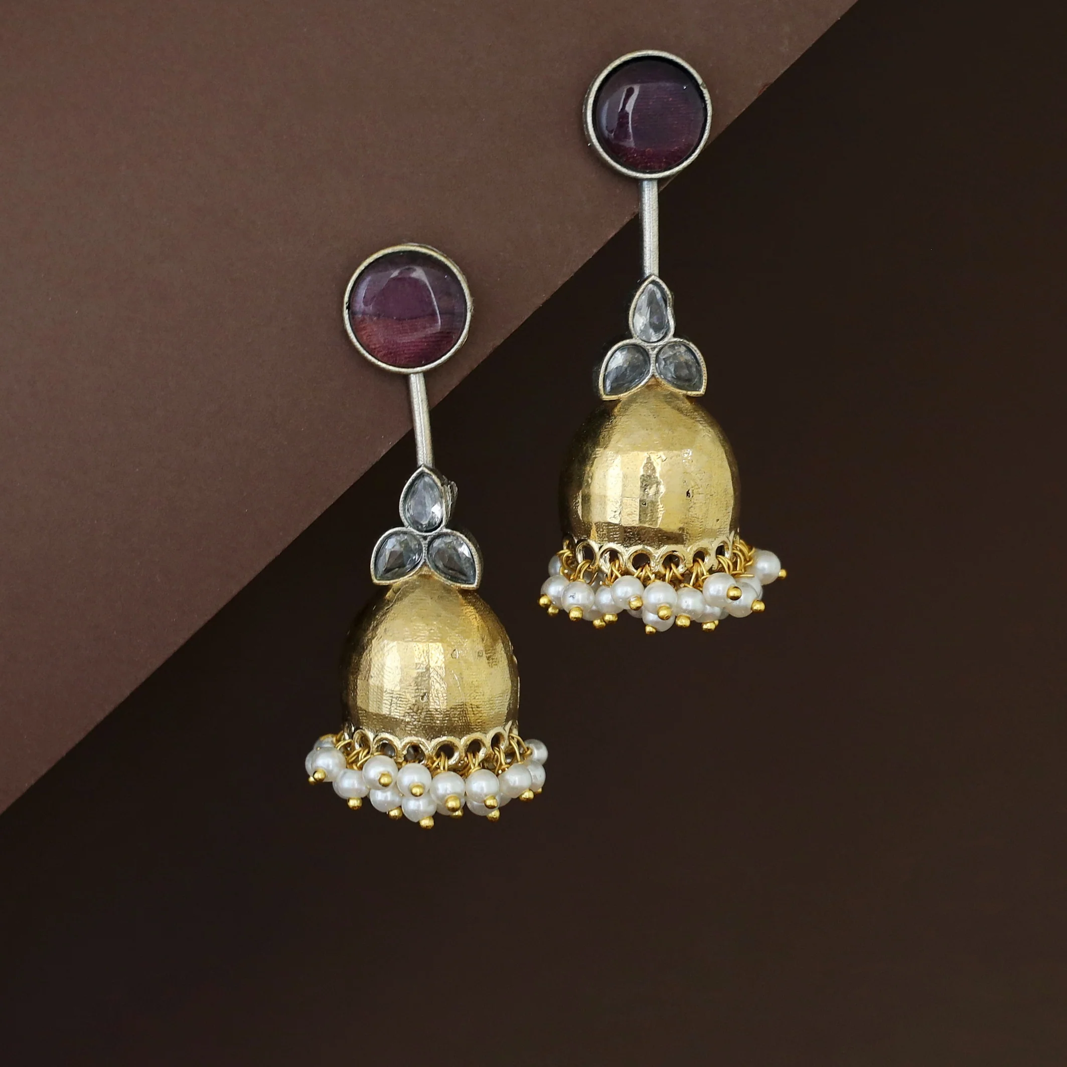 Vaida Dual Tone Circle Half Jhumka Cluster Pearl Earring - Image 4