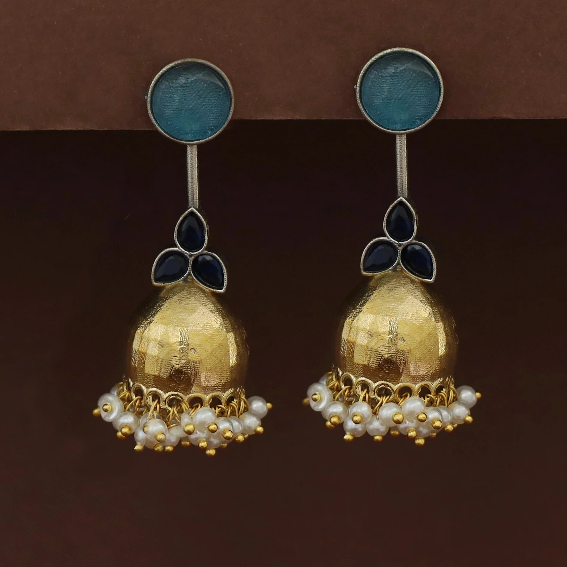 Vaida Dual Tone Circle Half Jhumka Cluster Pearl Earring - Image 6
