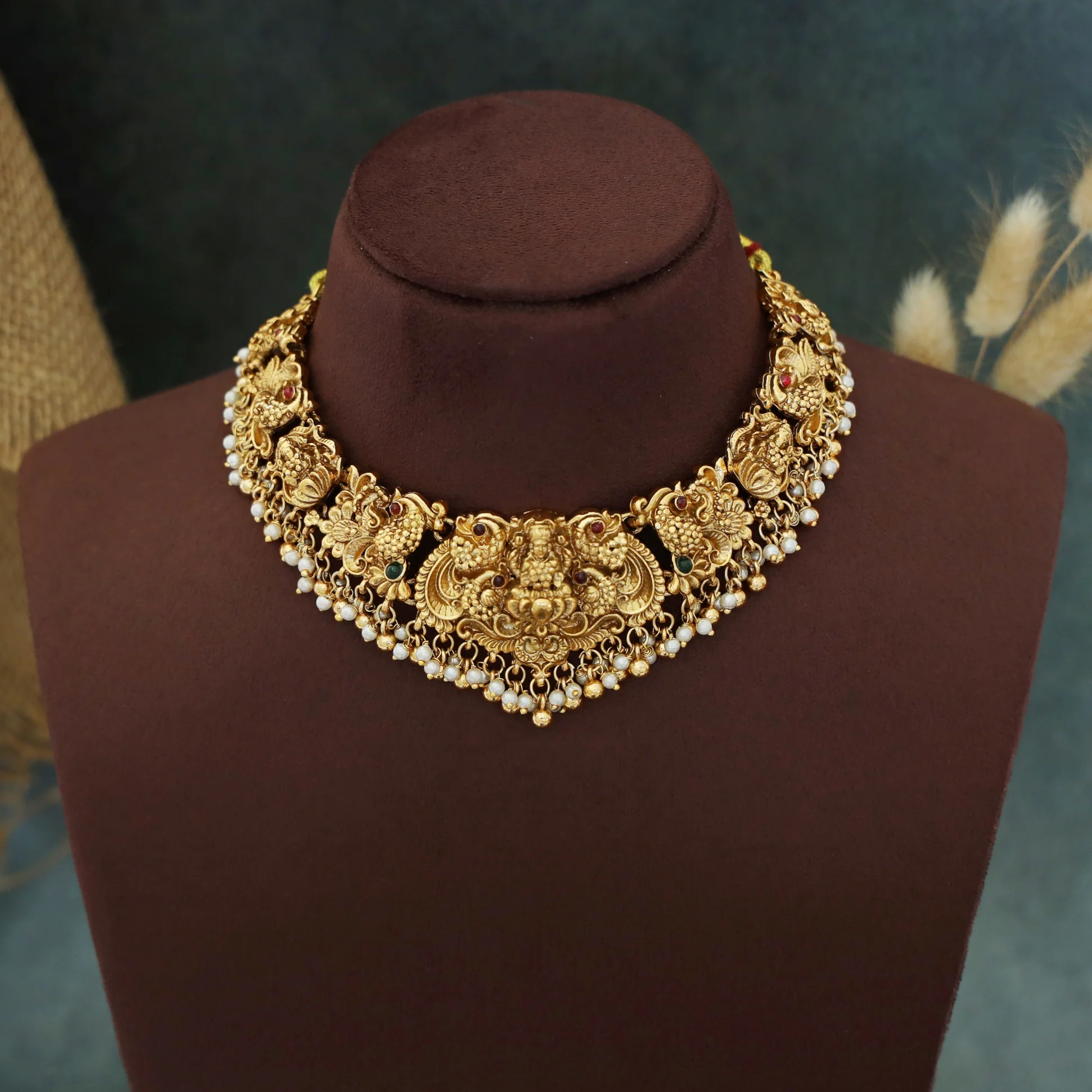 Vasaki Golden Ball + Cluster Pearl Lakshmi Devi Mayura Short Neckpiece With Earring - Image 2