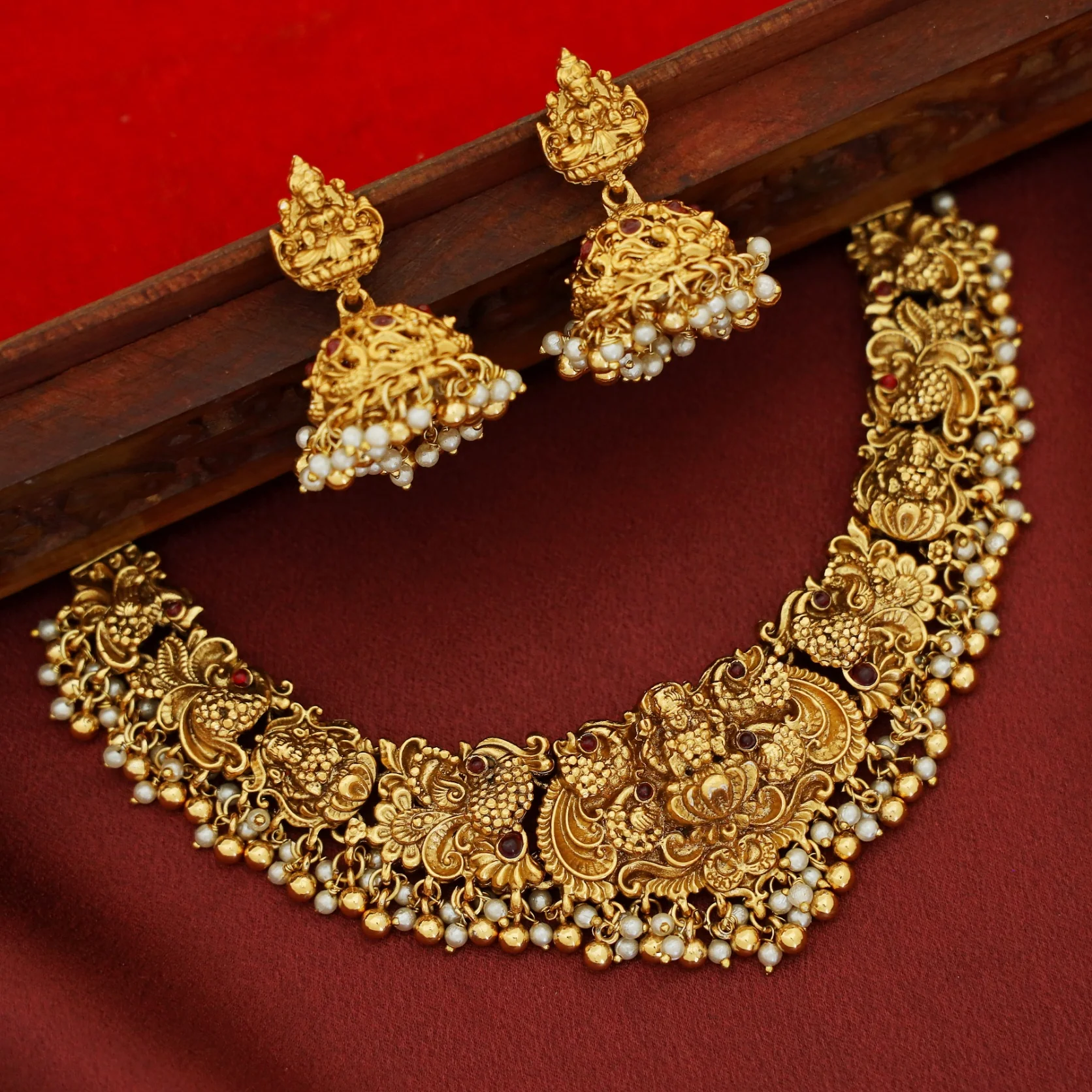Vasaki Golden Ball + Cluster Pearl Lakshmi Devi Mayura Short Neckpiece With Earring - Image 3