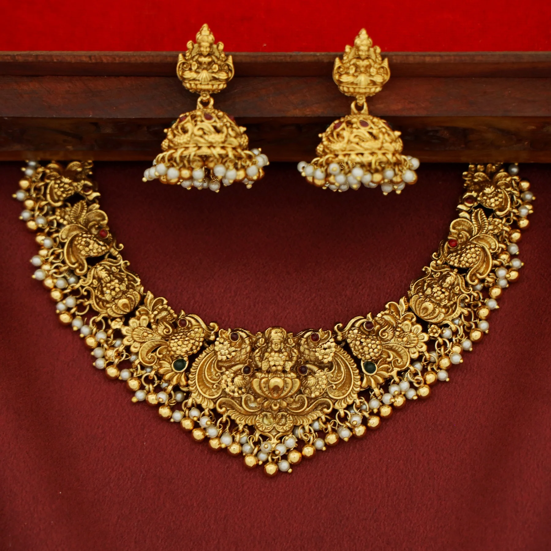 Vasaki Golden Ball + Cluster Pearl Lakshmi Devi Mayura Short Neckpiece With Earring - Image 4