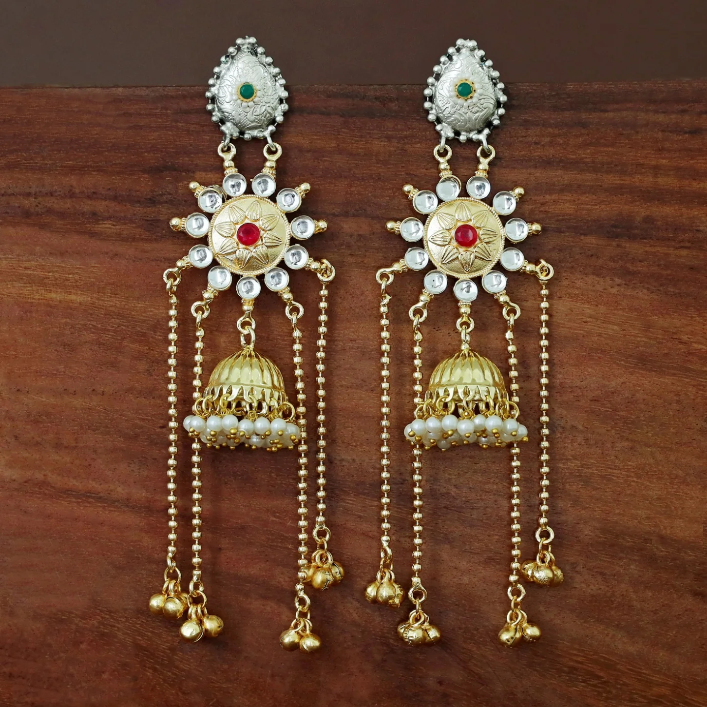 Vasudha Dual Tone Ghunguroo Kashmiri Pearl Jhumka - Image 2