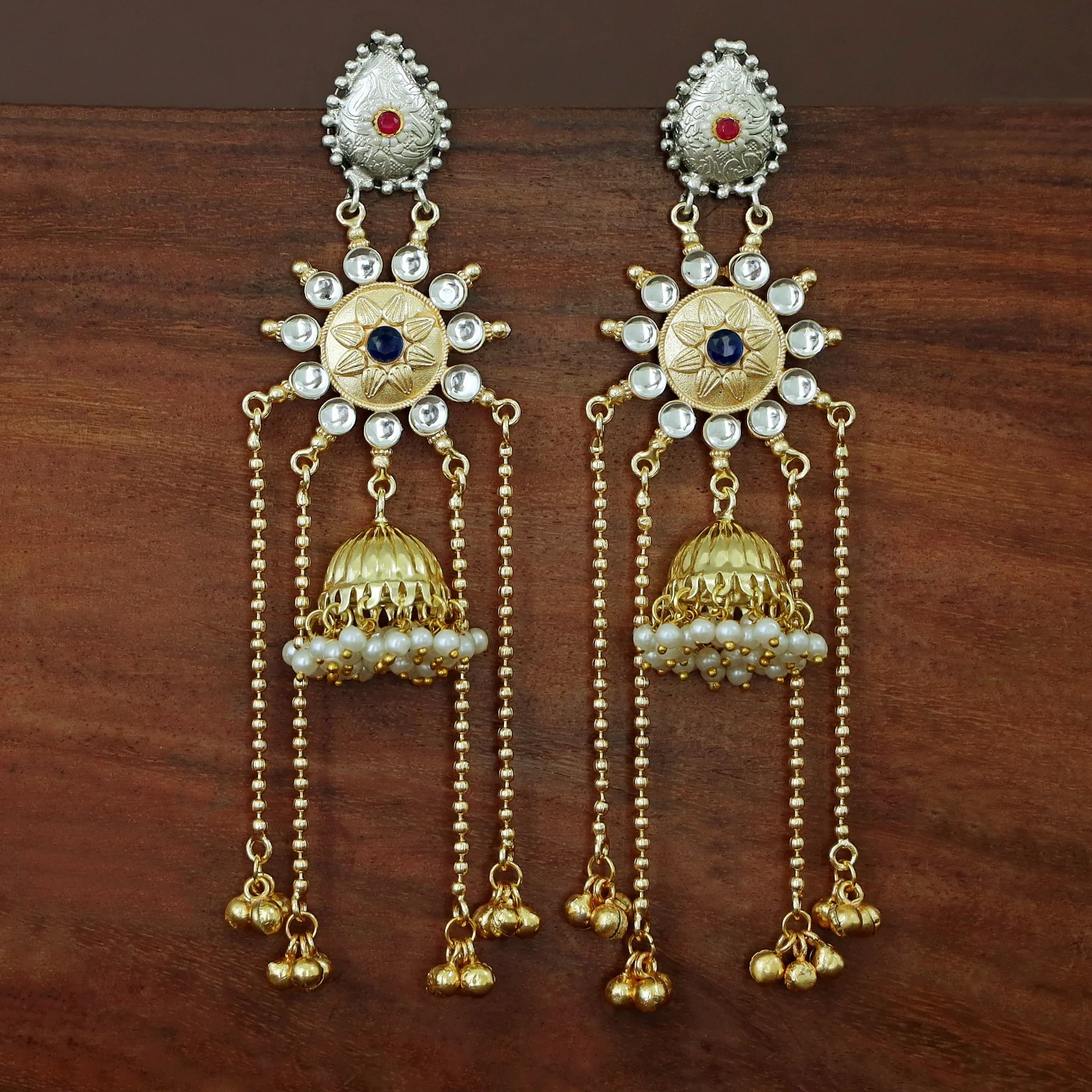 Vasudha Dual Tone Ghunguroo Kashmiri Pearl Jhumka - Image 3