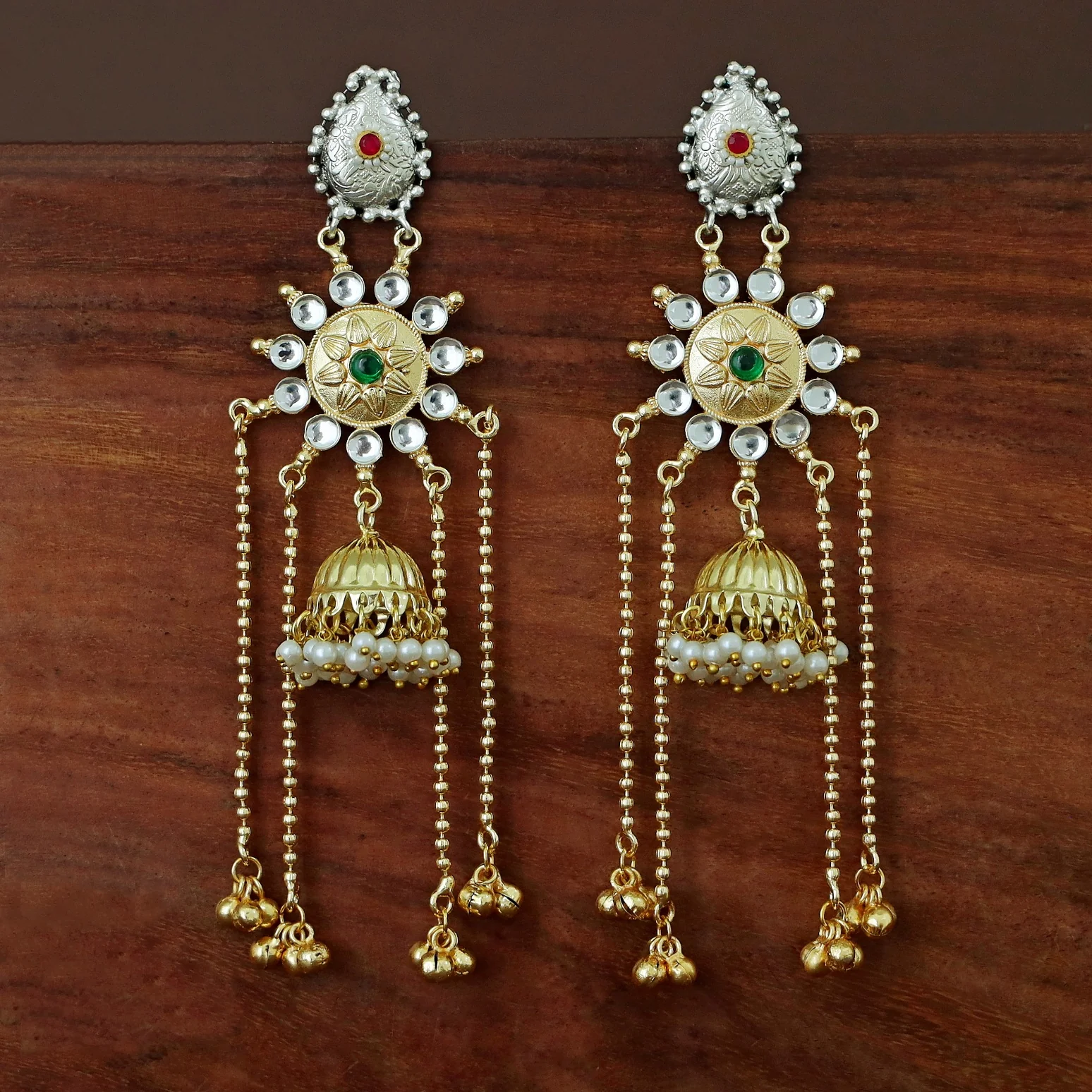 Vasudha Dual Tone Ghunguroo Kashmiri Pearl Jhumka - Image 4