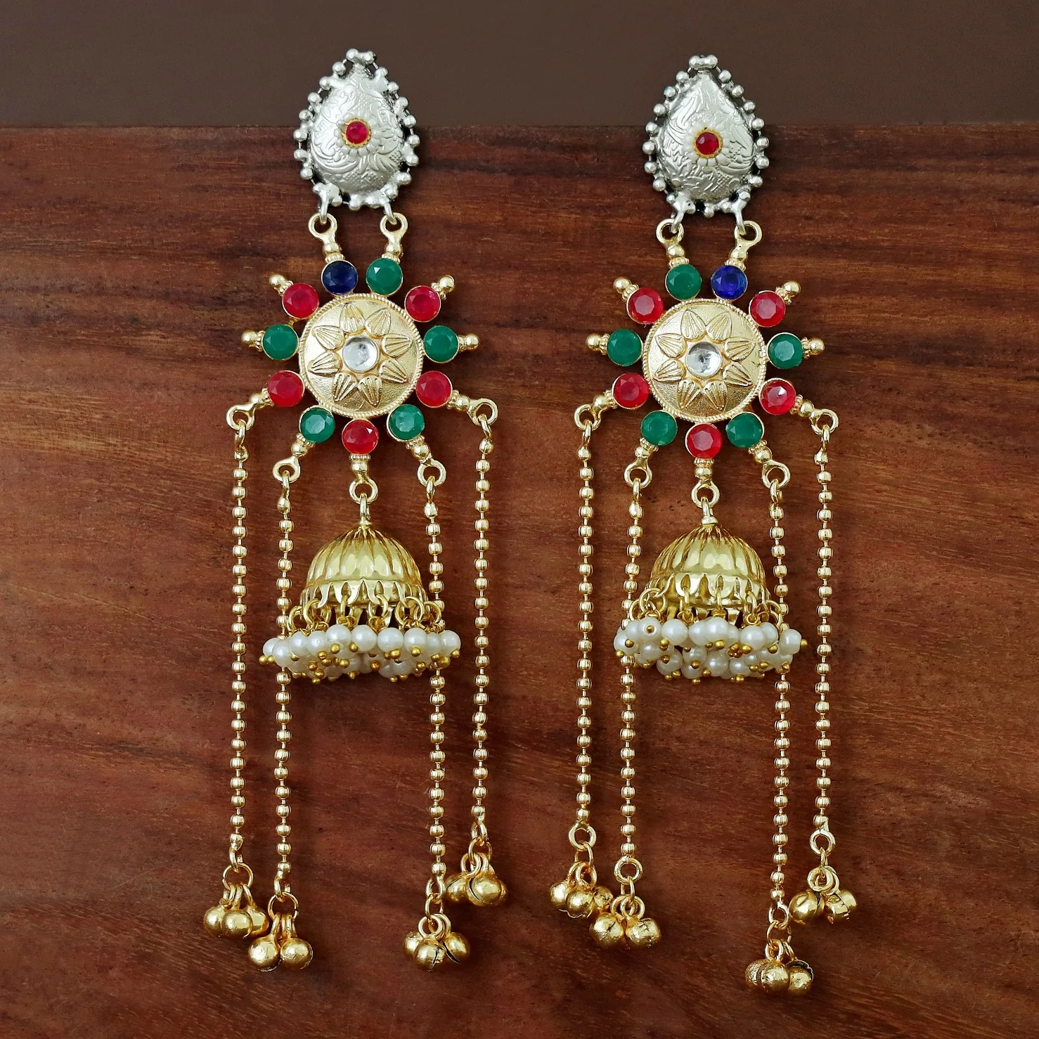 Vasudha Dual Tone Ghunguroo Kashmiri Pearl Jhumka - Image 5