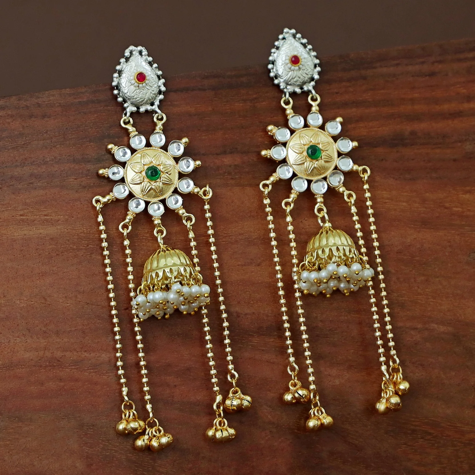 Vasudha Dual Tone Ghunguroo Kashmiri Pearl Jhumka - Image 6
