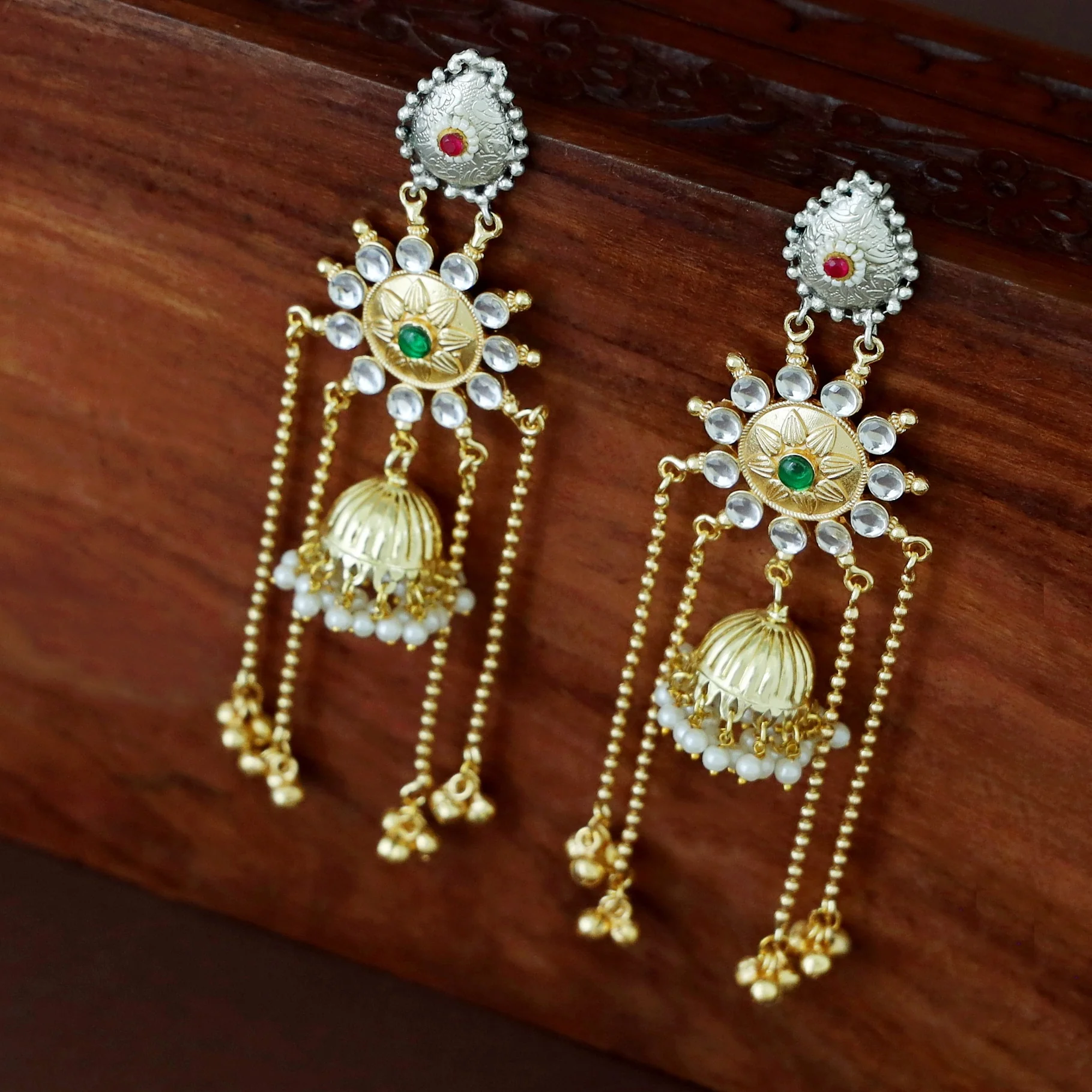 Vasudha Dual Tone Ghunguroo Kashmiri Pearl Jhumka - Image 7