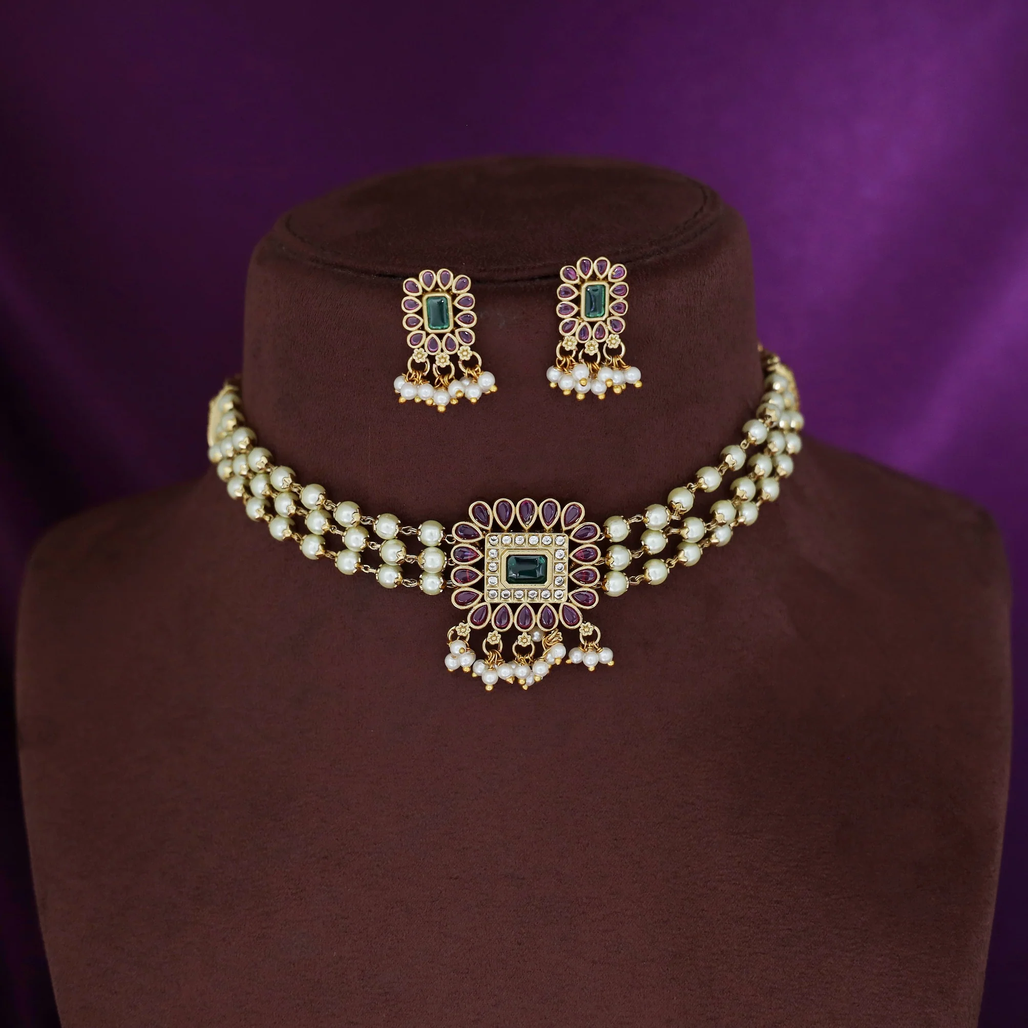 Vasundara 3 Layer Pearl Choker With Earring - Image 2