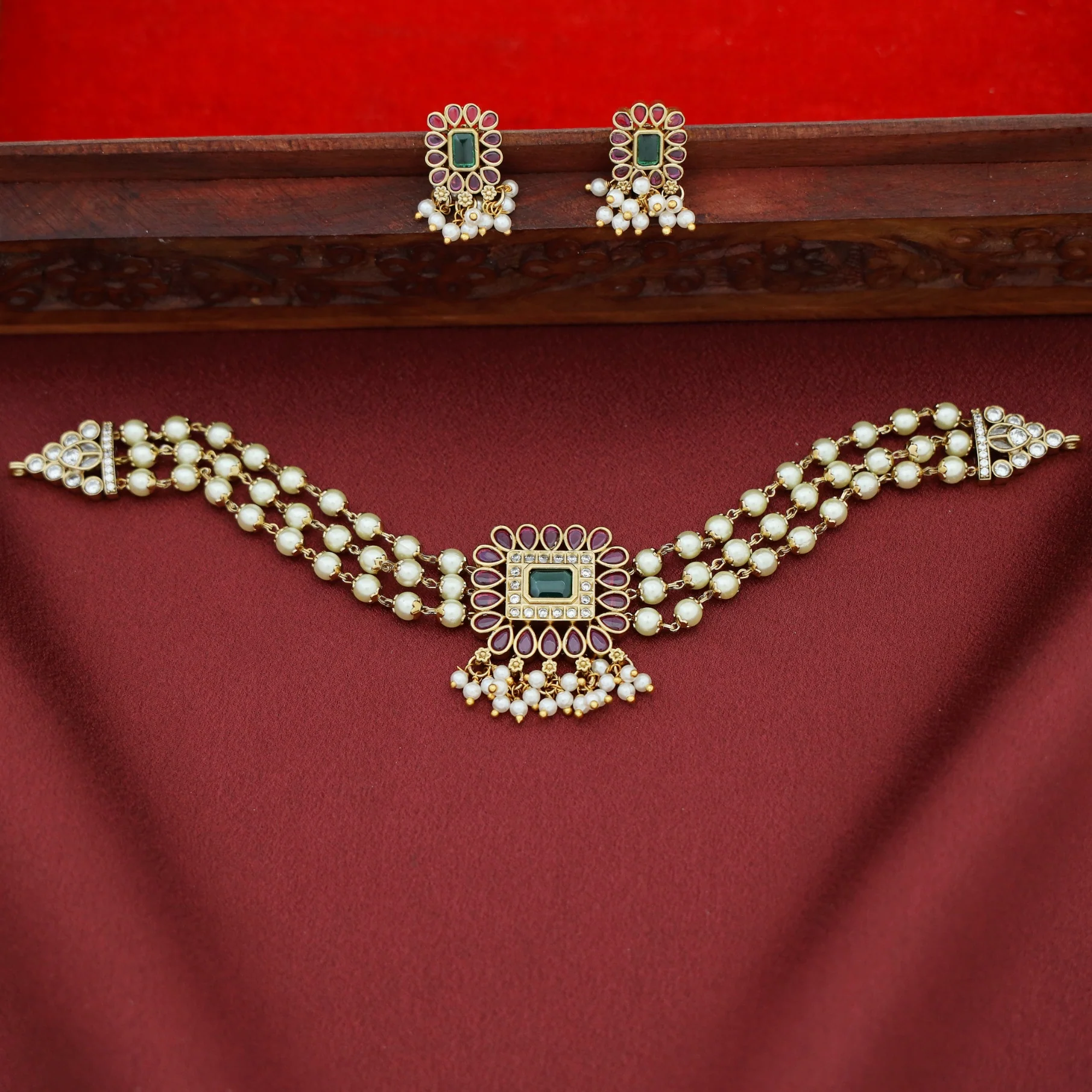 Vasundara 3 Layer Pearl Choker With Earring - Image 3