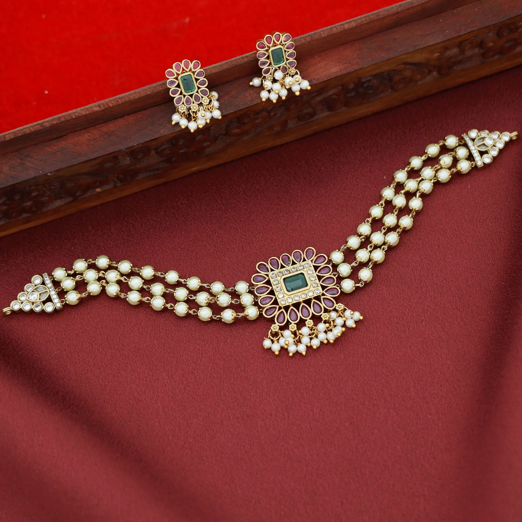 Vasundara 3 Layer Pearl Choker With Earring - Image 4