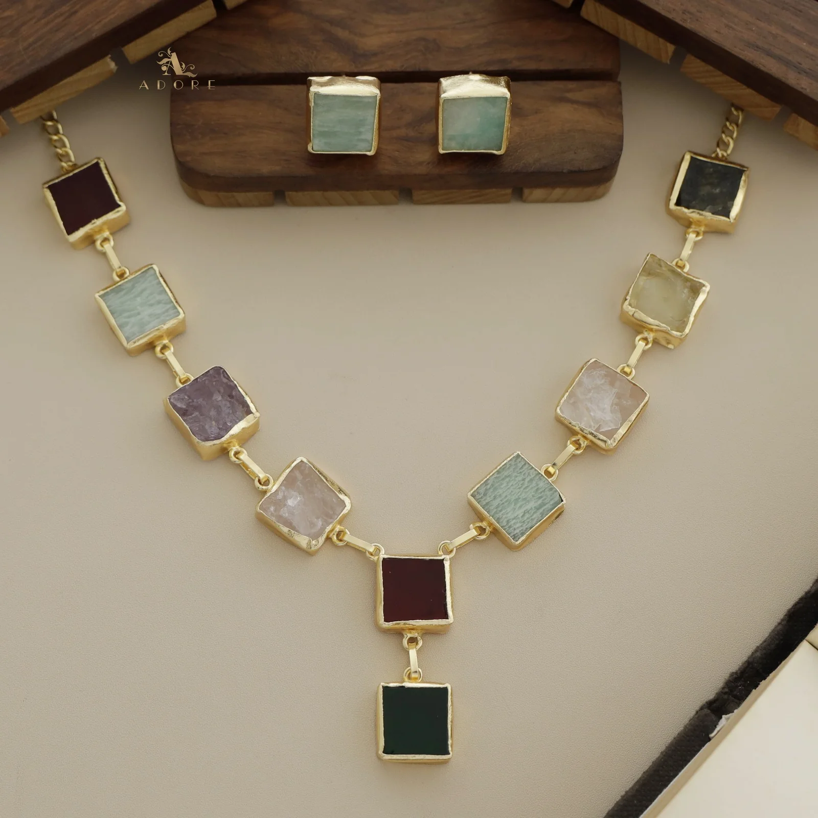 Velora Square Raw Stone Neckpiece With Stud - Image 2
