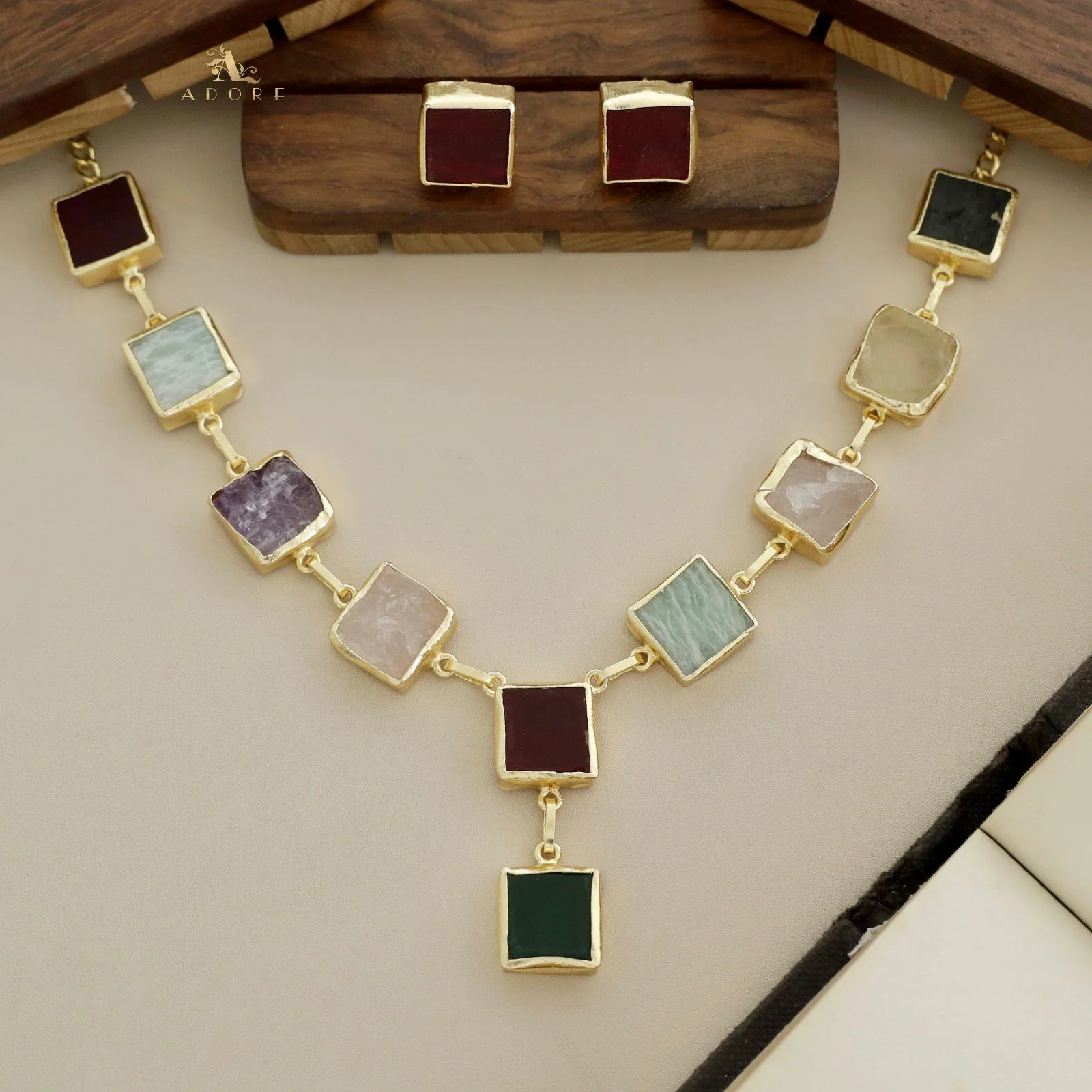 Velora Square Raw Stone Neckpiece With Stud - Image 3